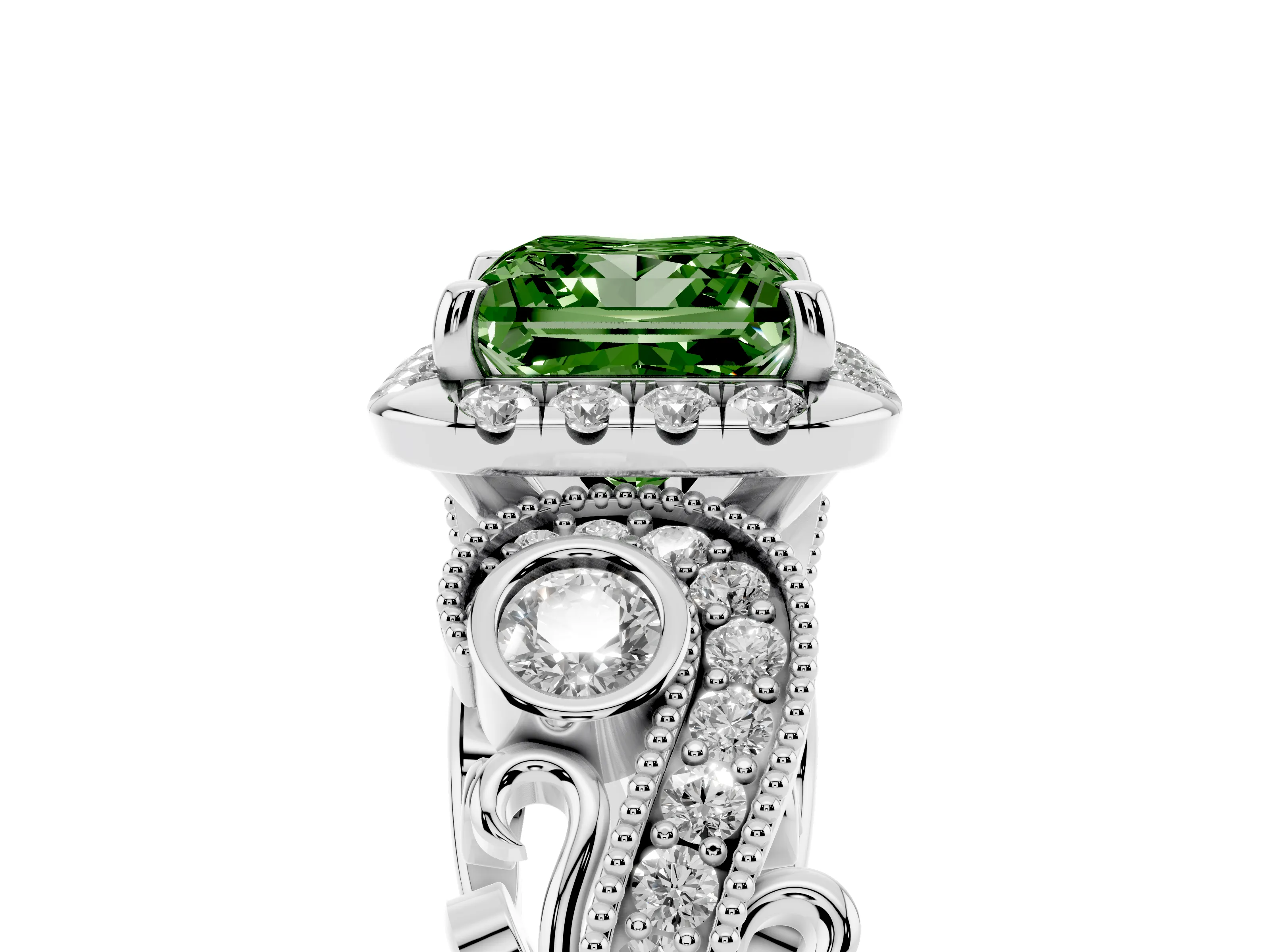 Fancy Green Princess Cut Diamond Halo Ring Set in Platinum with Milgrain Pavé Band and Prong Setting