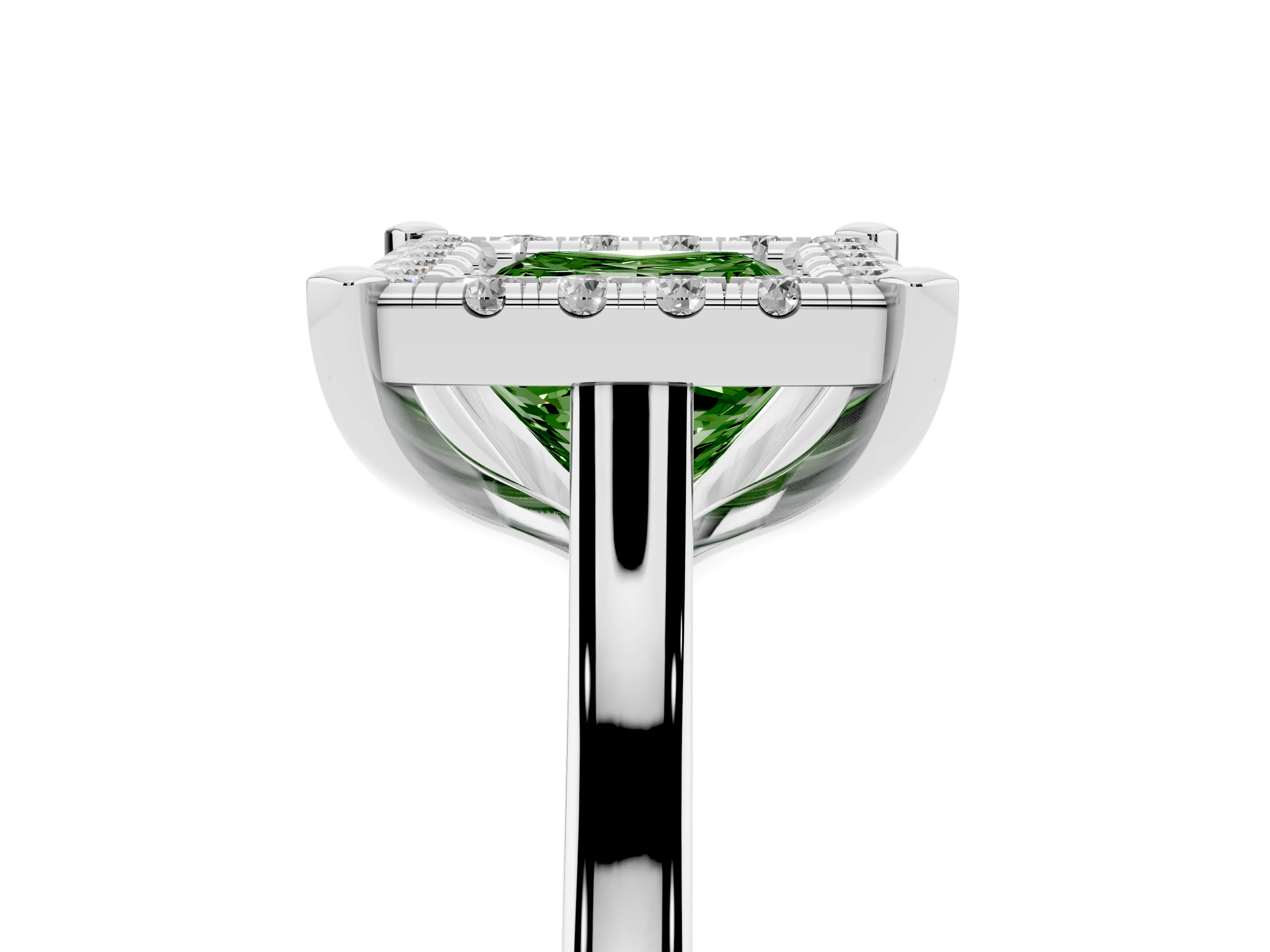 Fancy Green Princess Cut Diamond Cluster Halo Solitaire Ring Set in Silver with Prong Setting