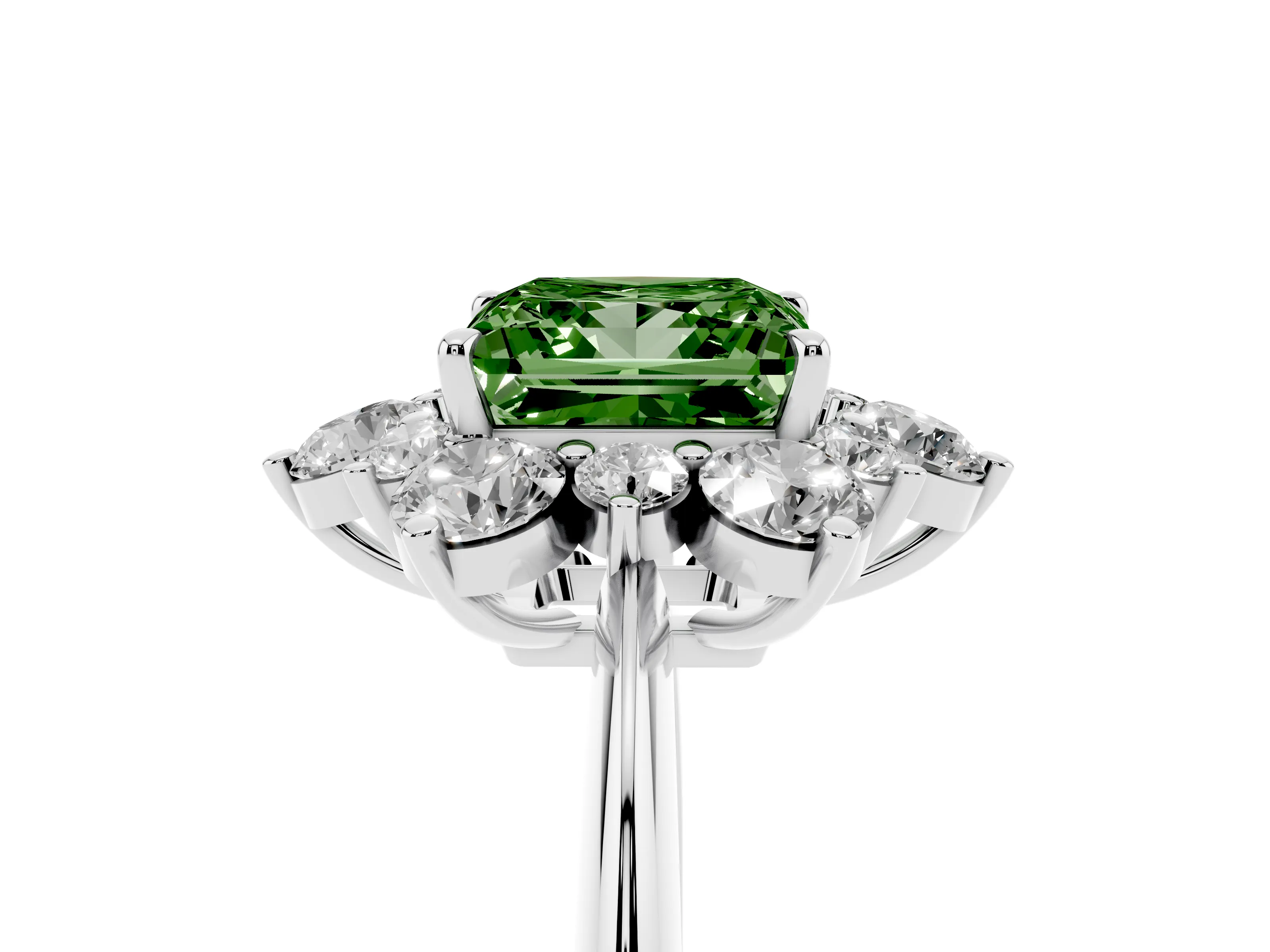 Fancy Green Princess Cut Diamond Cluster Halo Ring Set in Silver with Solitaire Band and Prong Setting