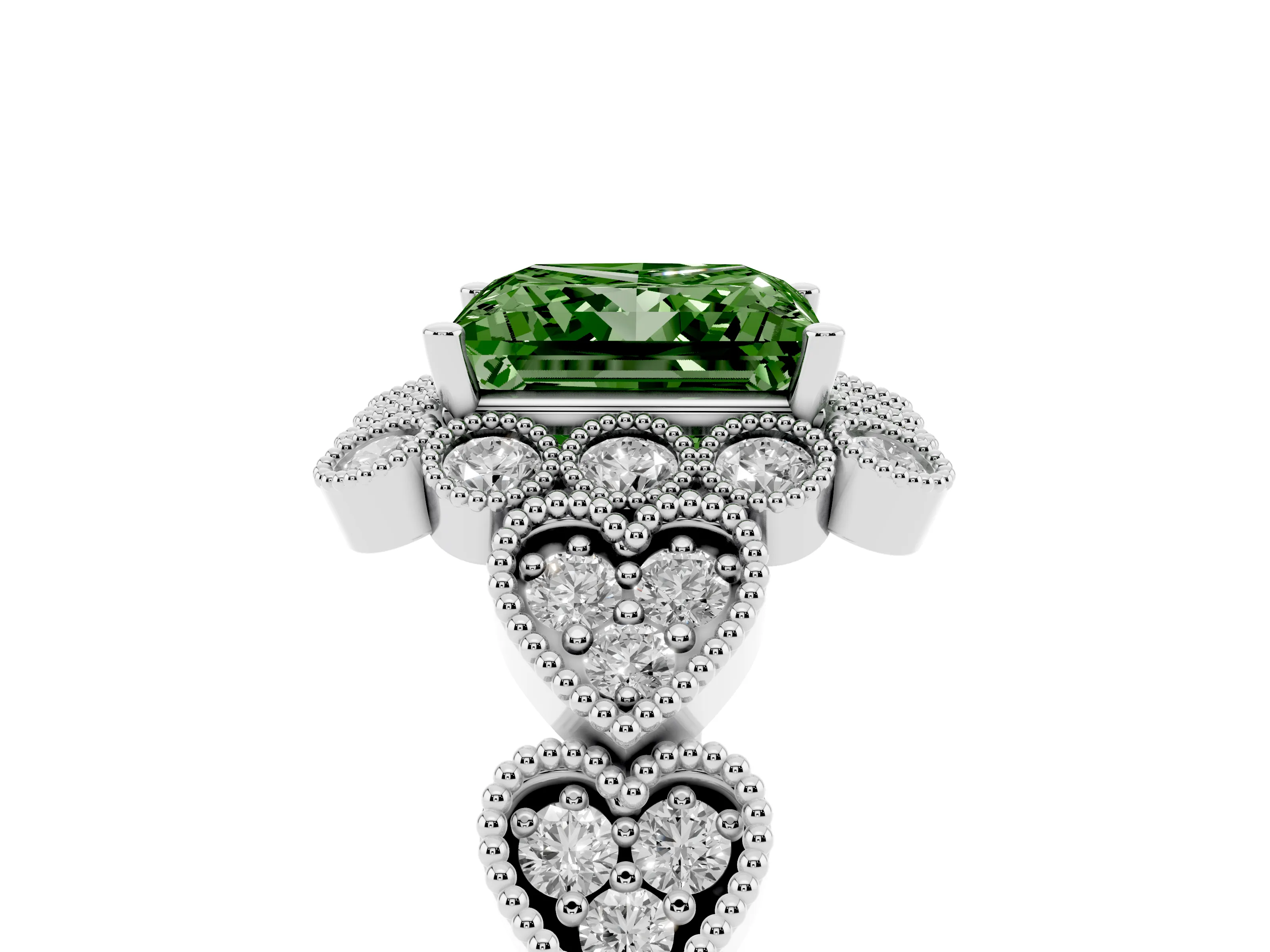 Fancy Green Princess Cut Diamond Solitaire Ring Set in Platinum with Milgrain Pavé Heart Band
