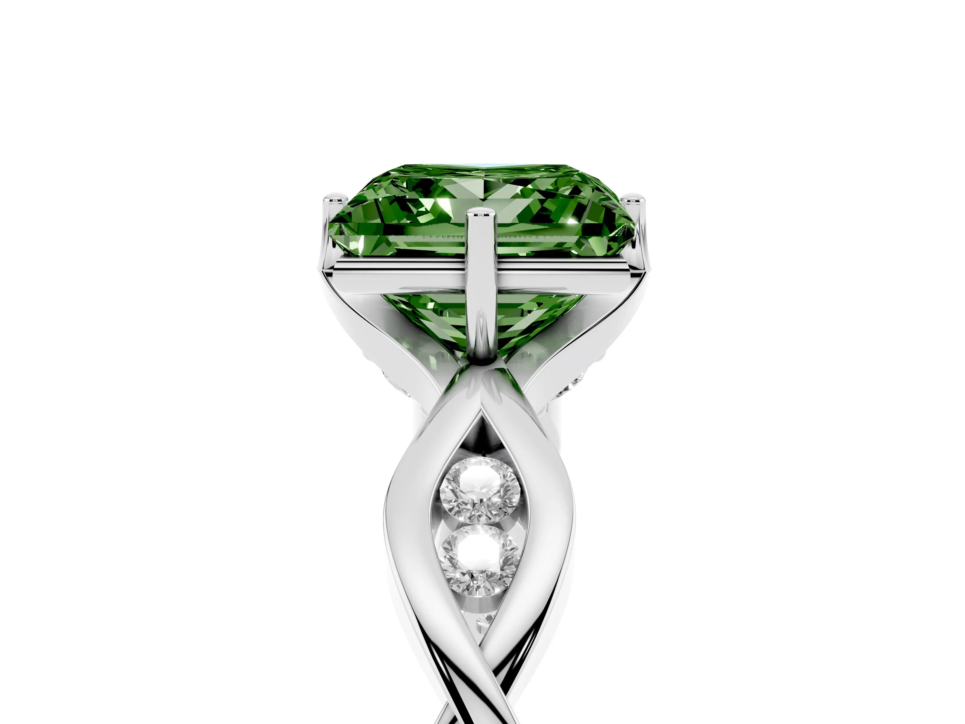 Fancy Green Princess Cut Diamond Twist Band Solitaire Ring Set in White gold with Leaf Prong Setting and Accent Stones