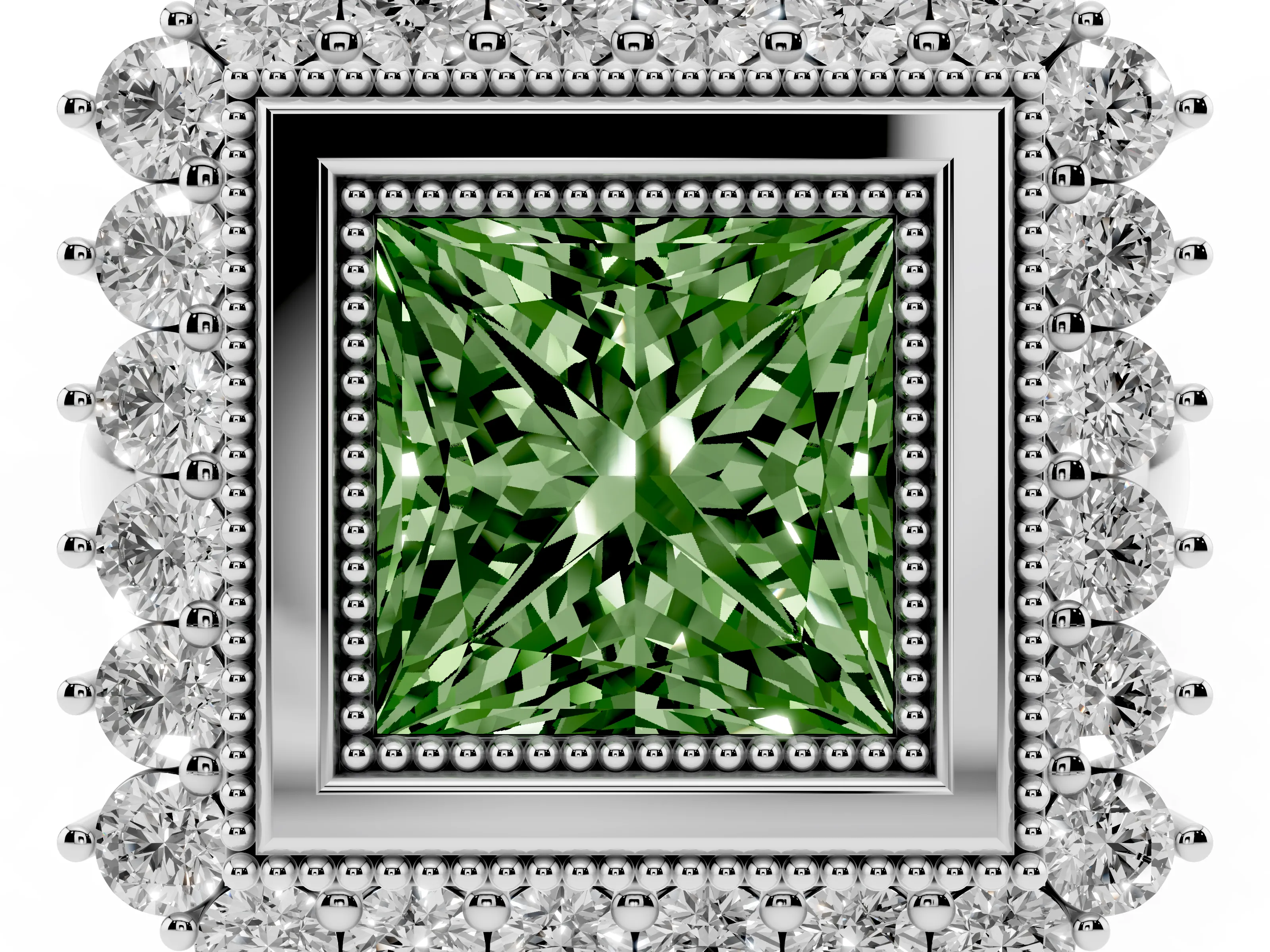 Fancy Green Princess Cut Diamond Halo Ring Set in Platinum with Milgrain Edge and Round Prong Setting