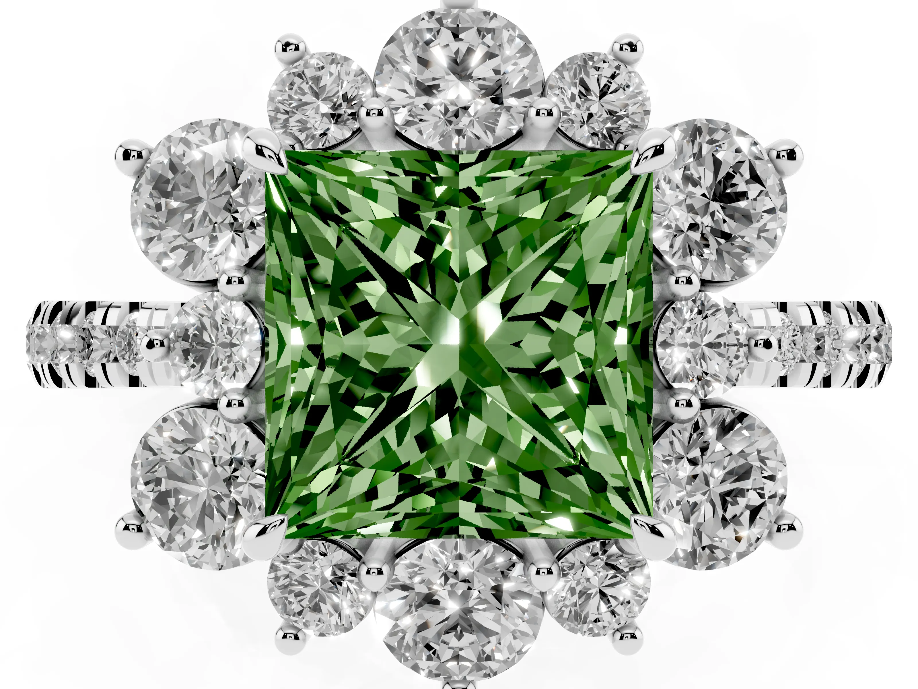 Fancy Green Princess Cut Diamond Floral Halo Ring Set in White gold with Round Pavé Band and Prong Setting