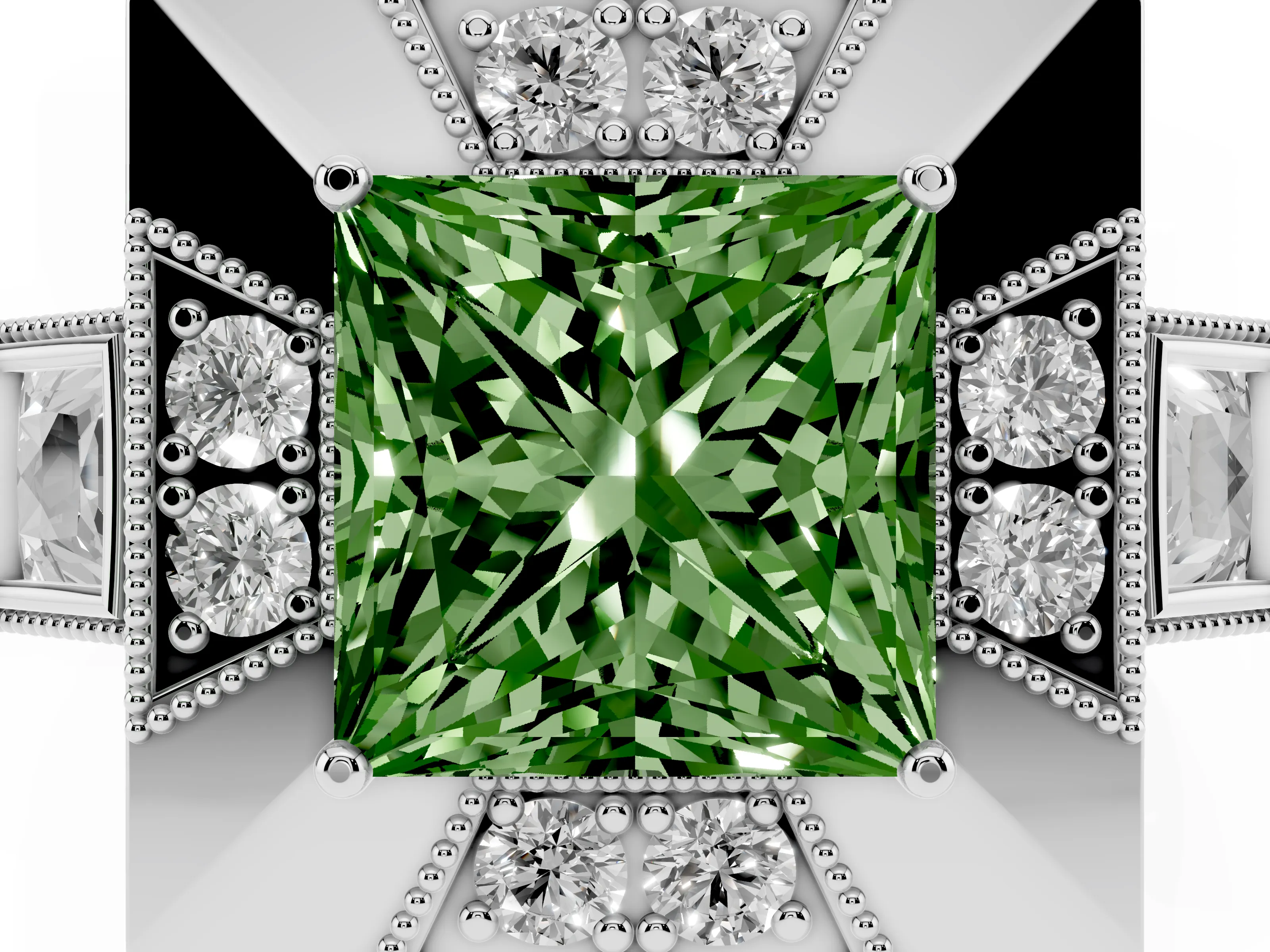 Fancy Green Princess Cut Diamond Milgrain Halo Ring Set in Platinum with Split Shank