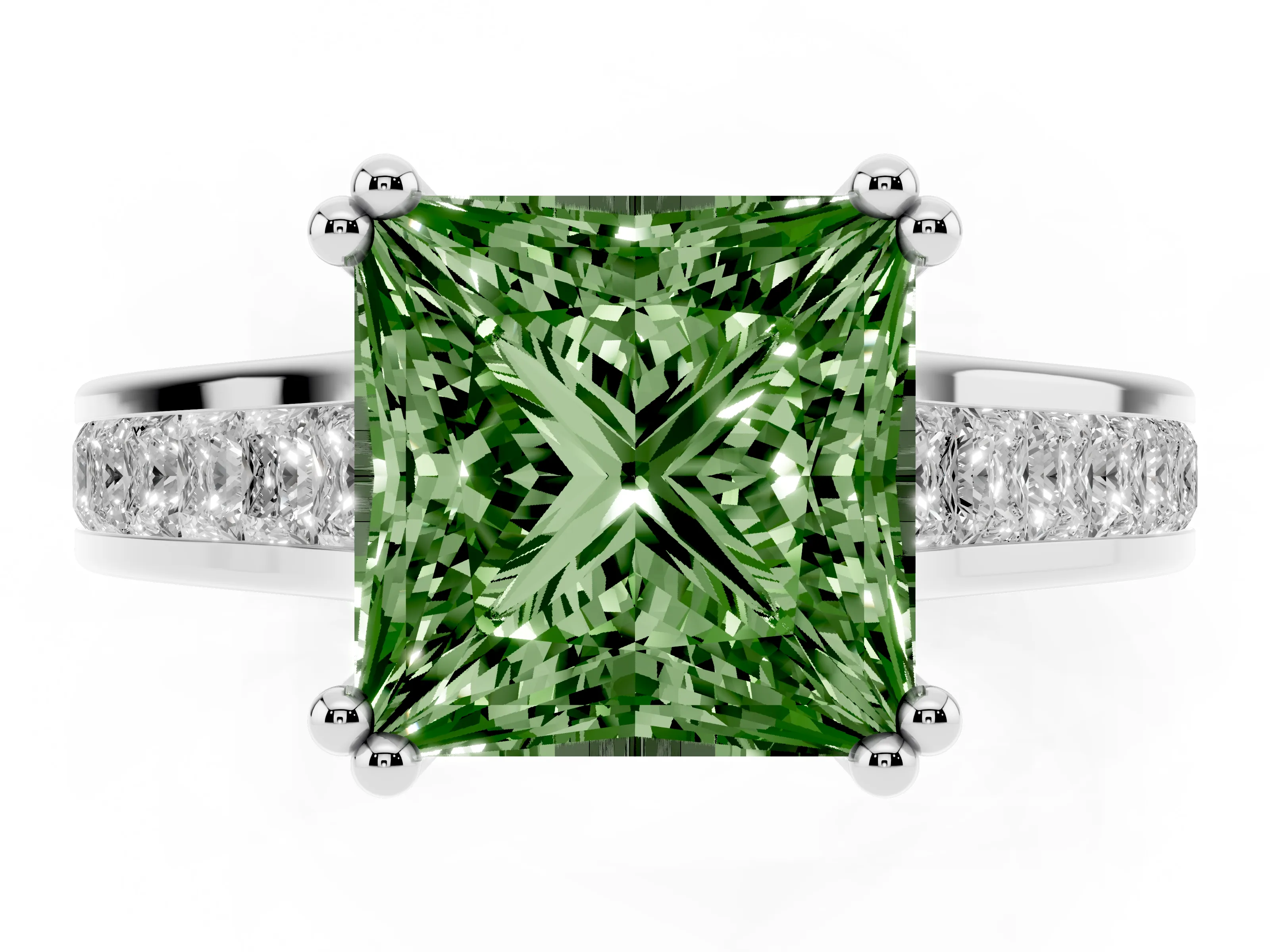 Fancy Green Princess Cut Diamond Channel Set Solitaire Engagement Ring Set in Silver with Prong Setting