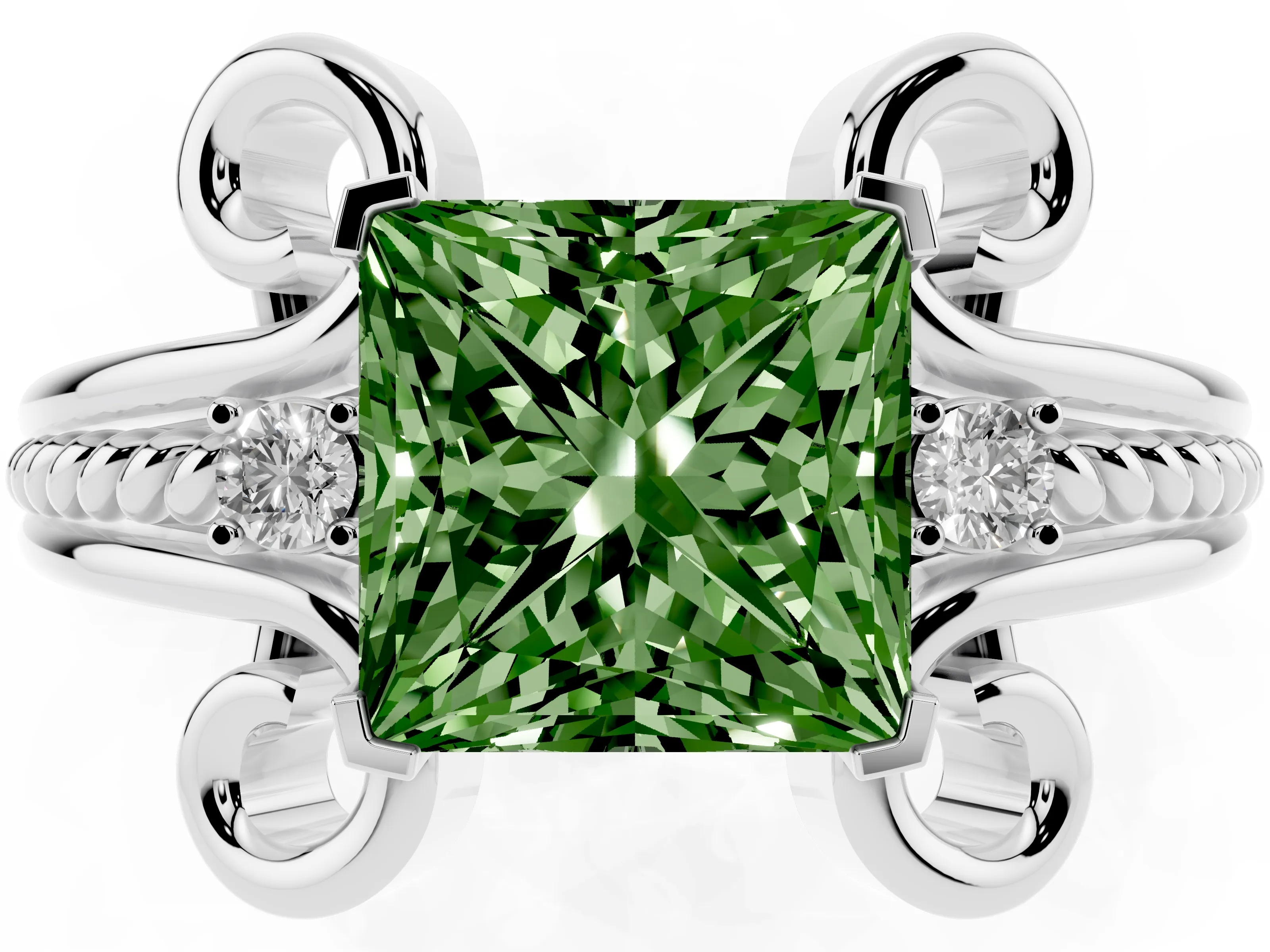 Fancy Green Princess Cut Diamond Twisted Band Solitaire Ring Set in Platinum with Scroll Prongs