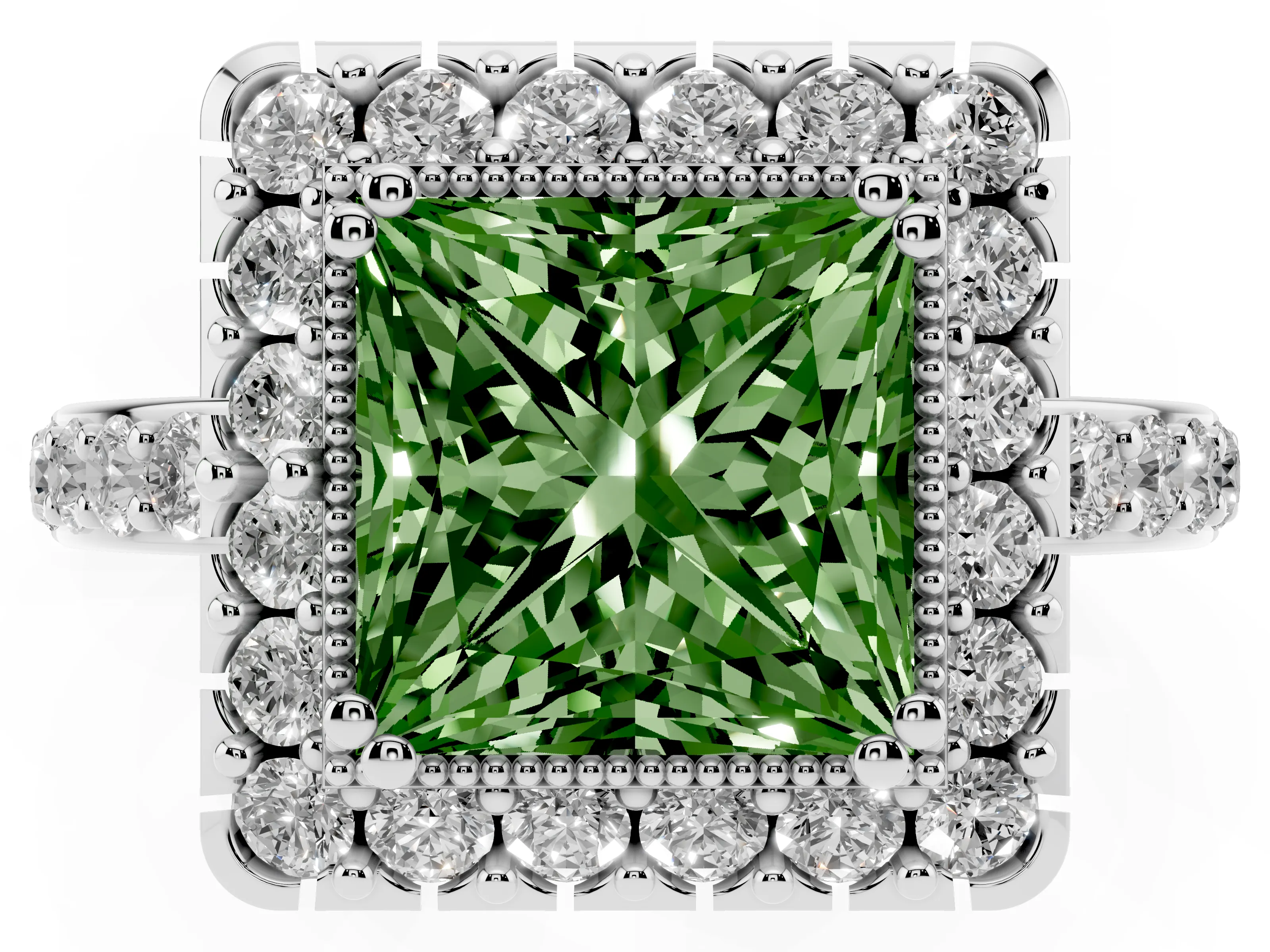 Fancy Green Princess Cut Diamond Halo Ring Set in White gold with Pavé Shank and Prong Setting