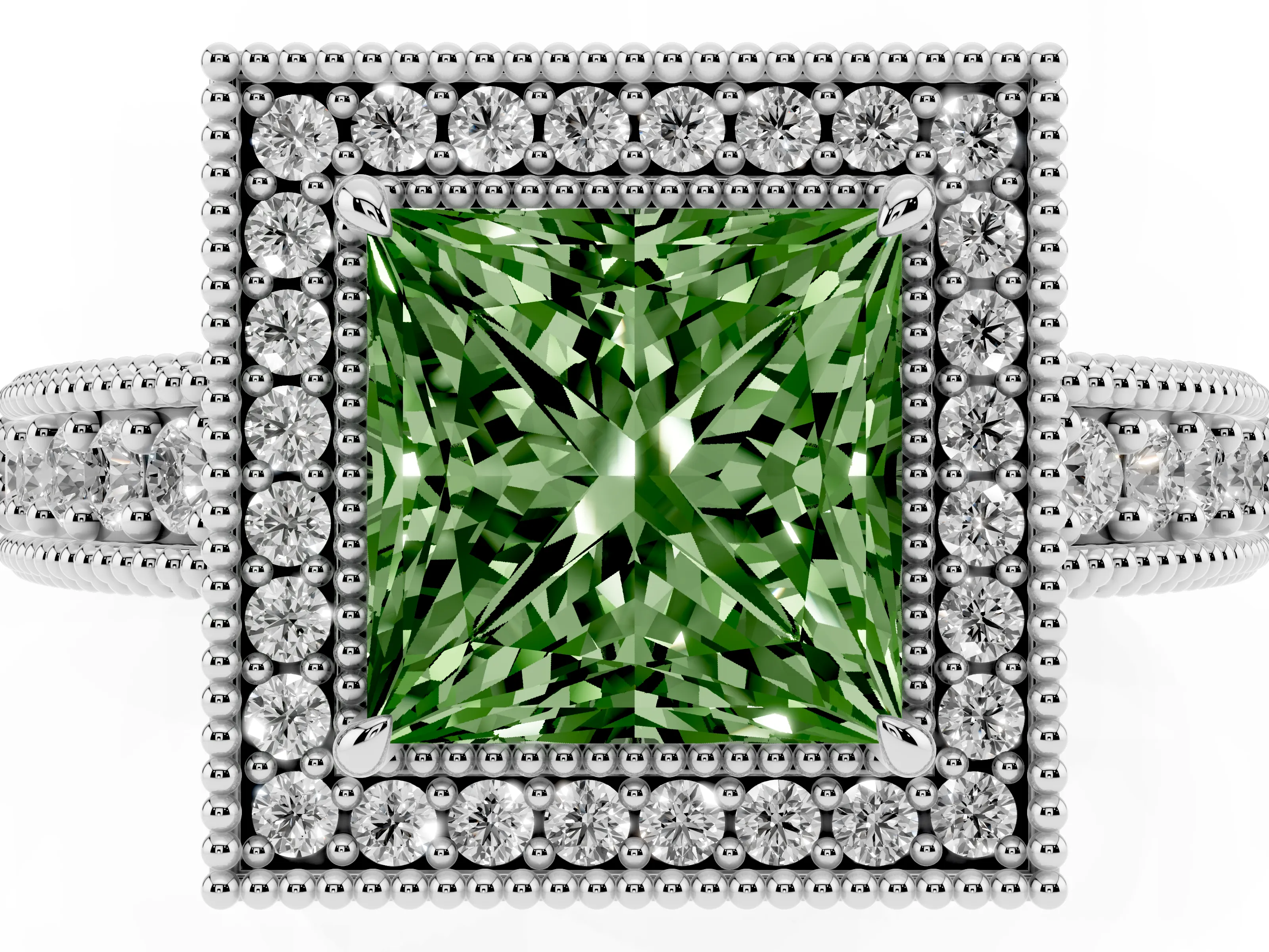 Fancy Green Princess Cut Diamond Halo Ring Set in White gold with Round Accent Halo, Pavé Band and Prong Setting