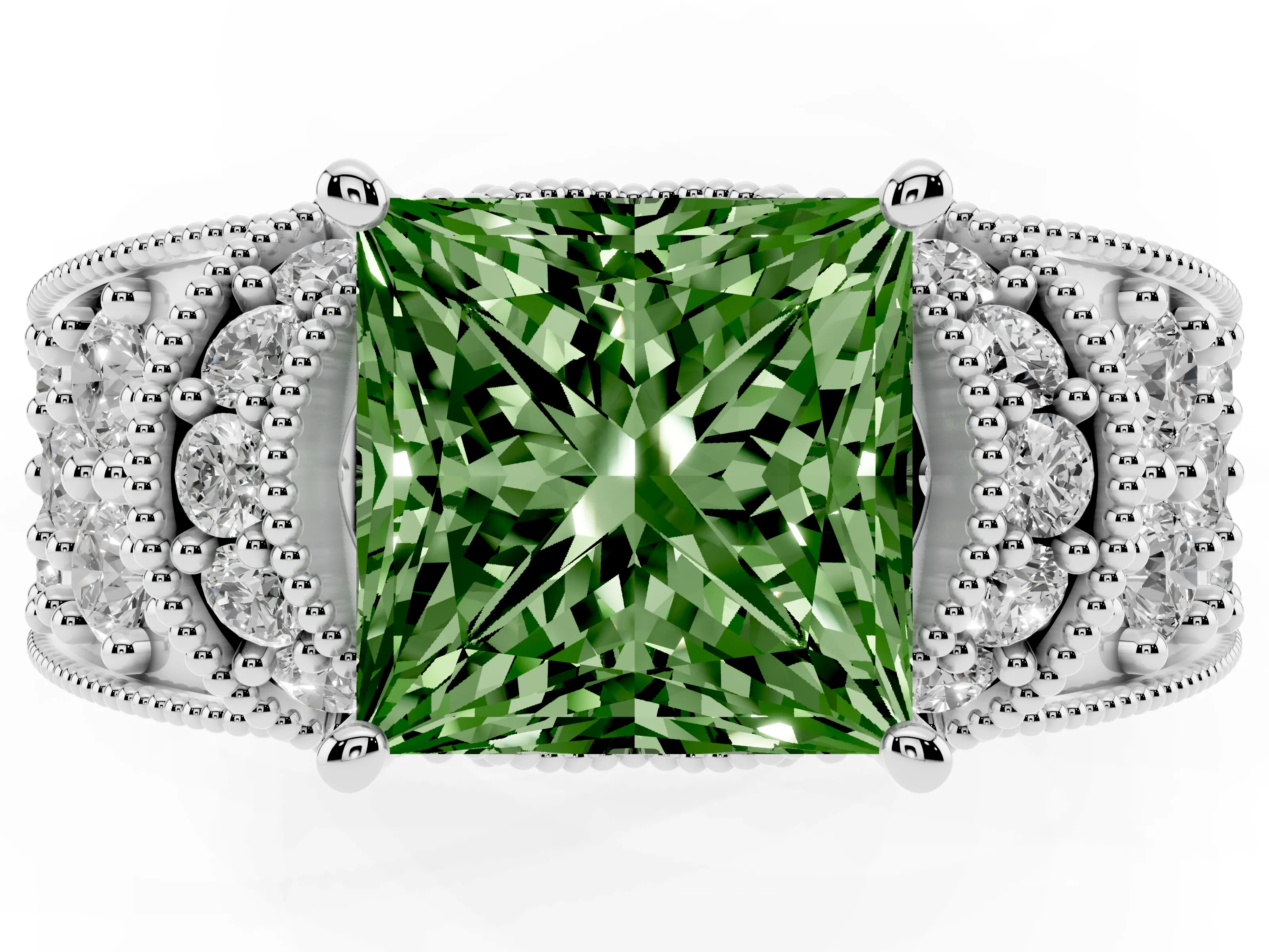 Fancy Green Princess Cut Diamond Milgrain Halo Pavé Engagement Ring Set in White gold with Prong Setting
