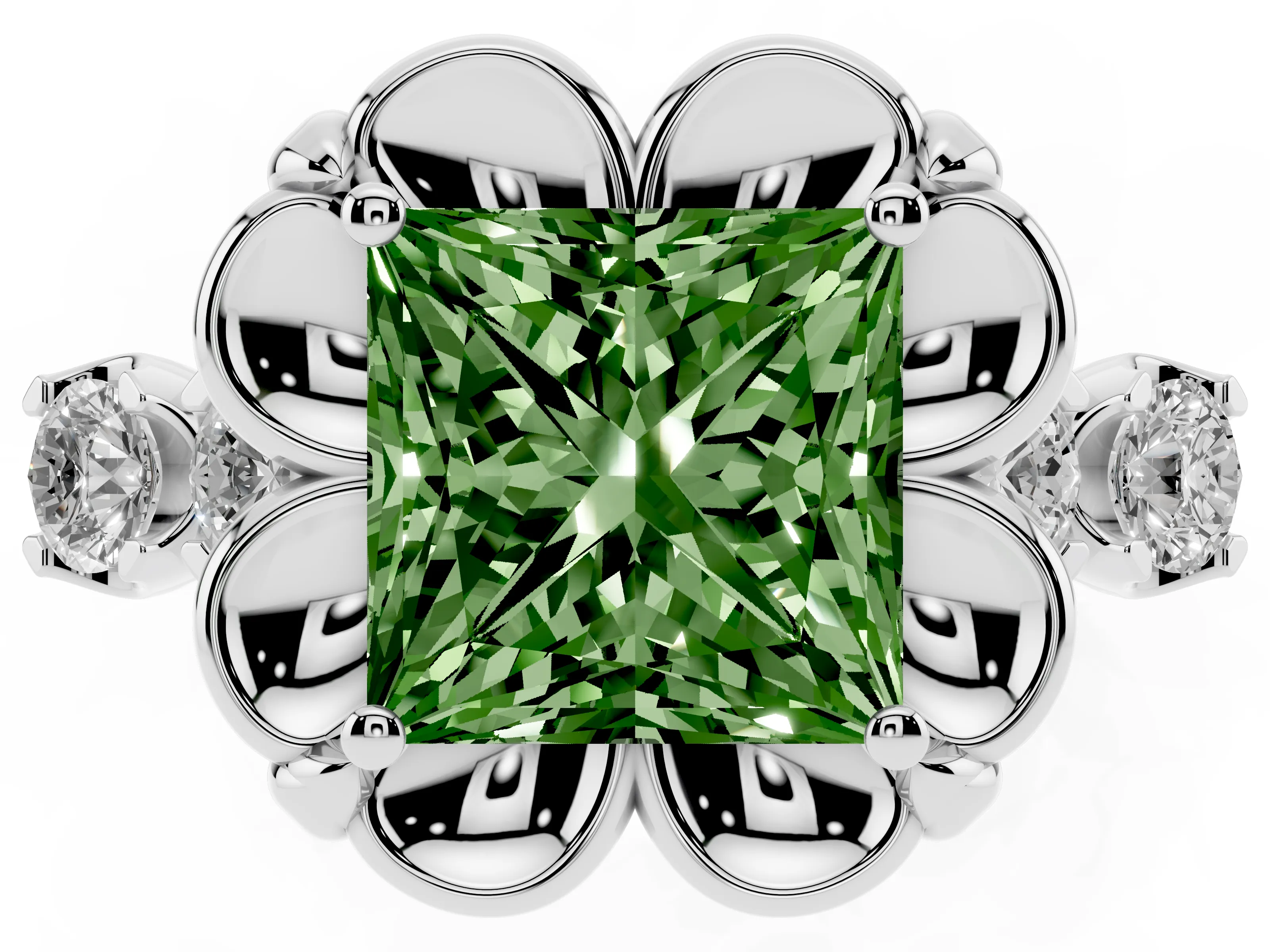 Fancy Green Princess Cut Diamond Floral Halo Ring Set in Platinum with Shared Prong Band