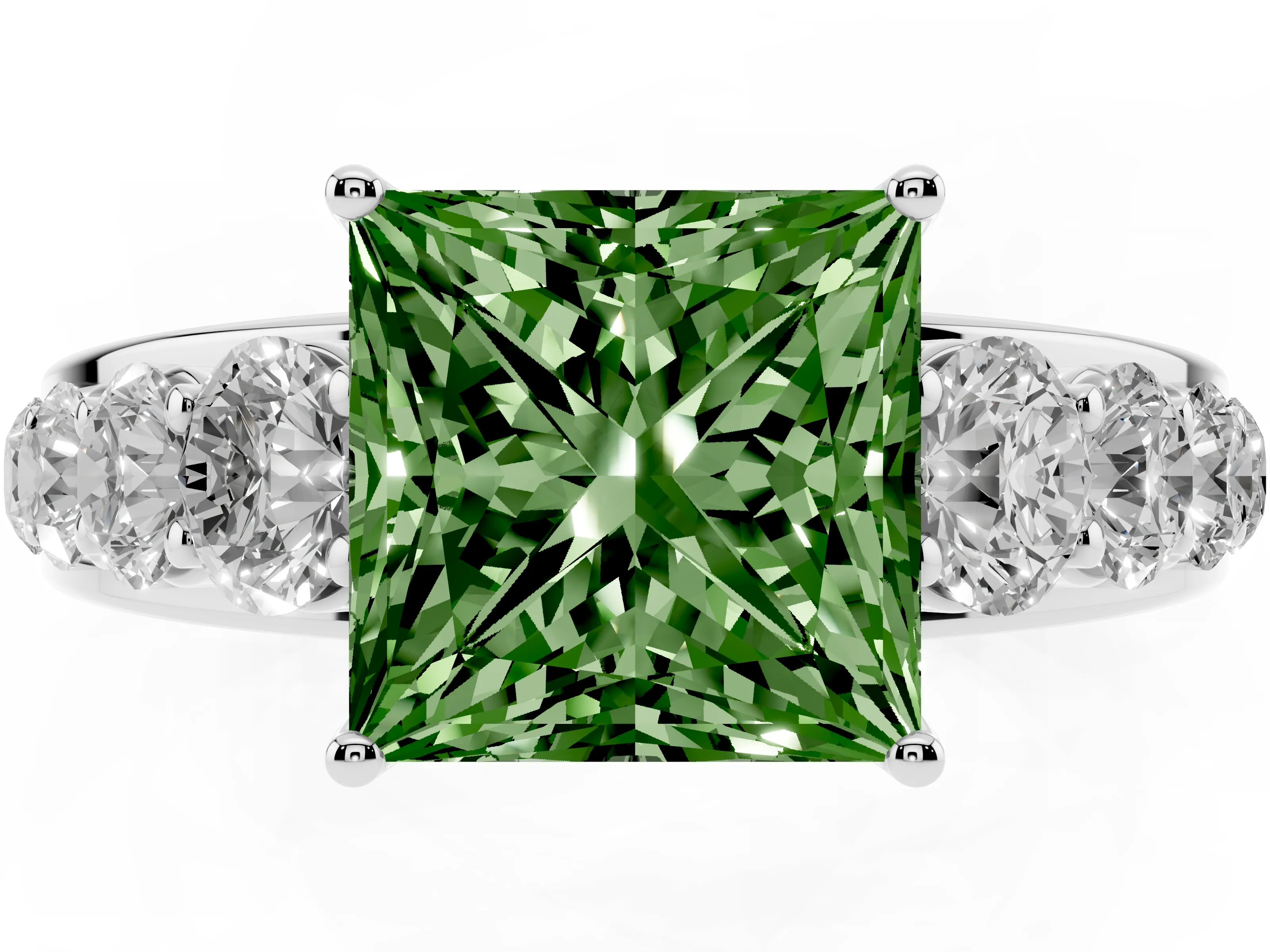 Fancy Green Princess Cut Diamond Solitaire Ring Set in Platinum with Pavé-Set Band and Prong Setting