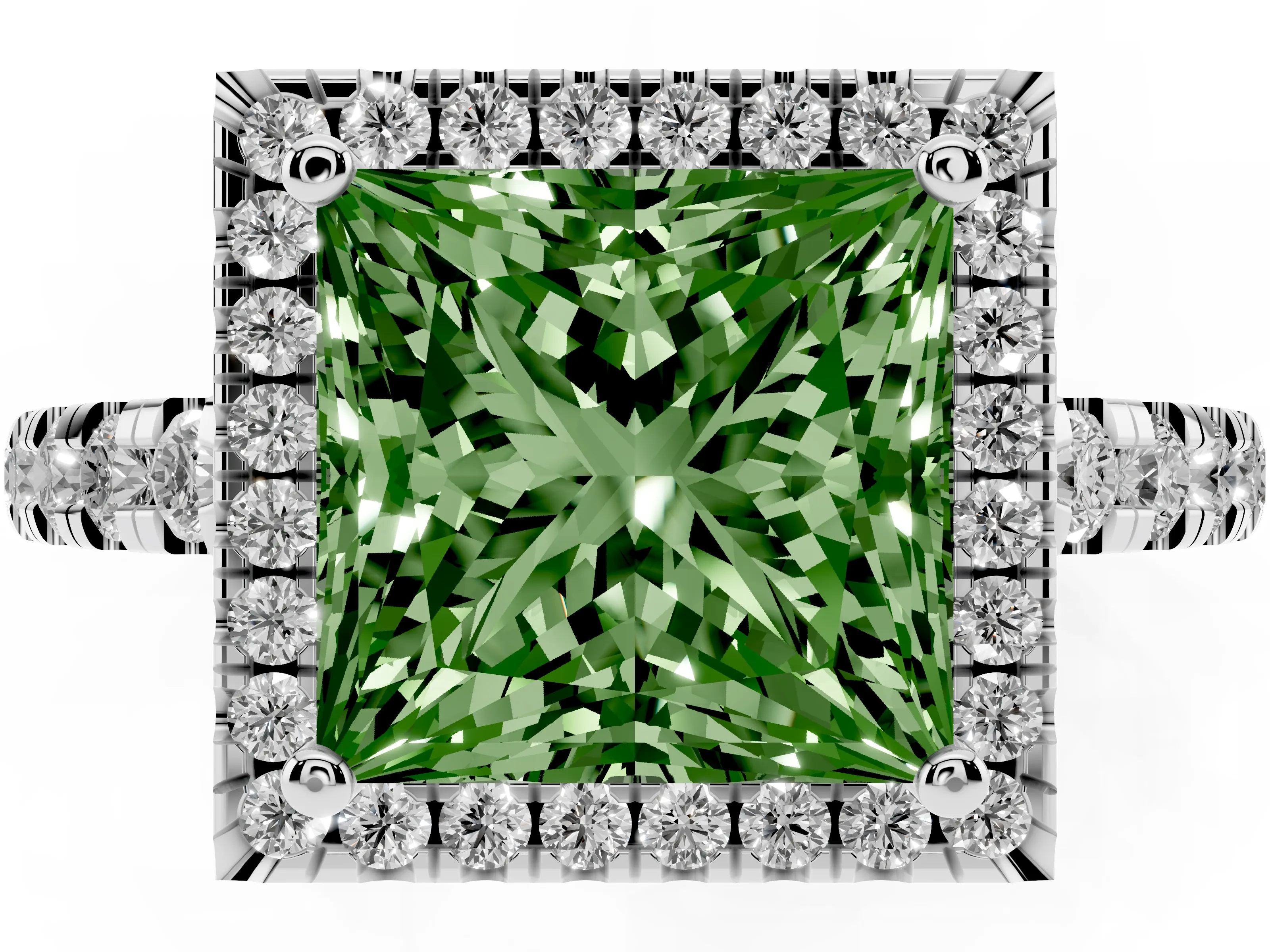Fancy Green Princess Cut Diamond Halo Ring Set in Silver with Delicate Pavé Band and Prong Setting