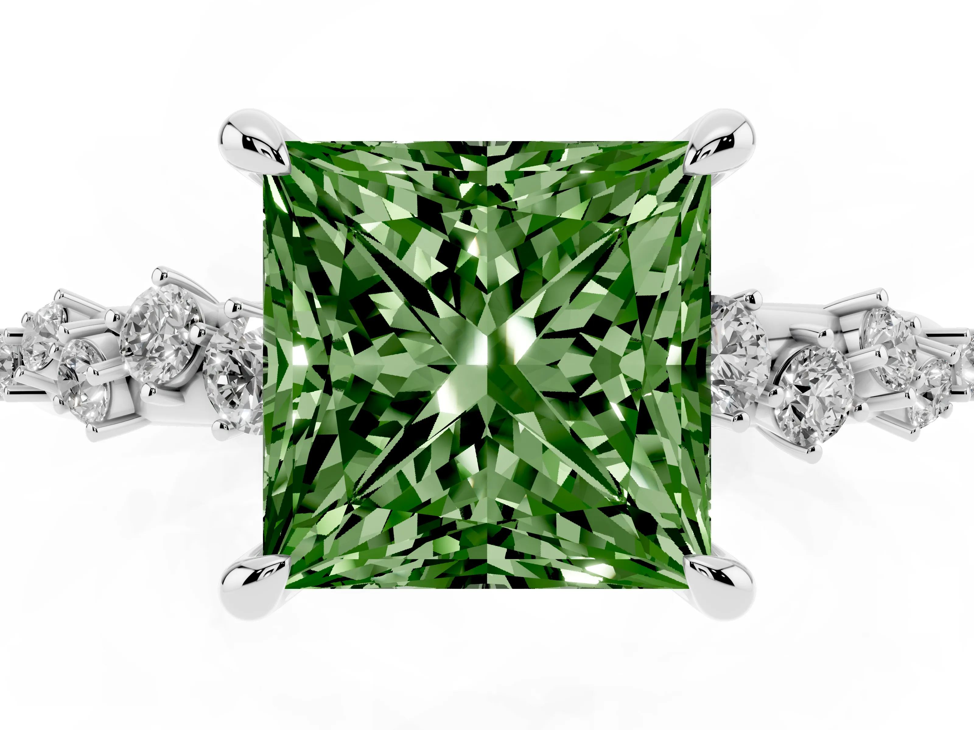 Fancy Green Princess Cut Diamond Solitaire Vine Band Ring Set in White gold with Round Accents and Prong Setting