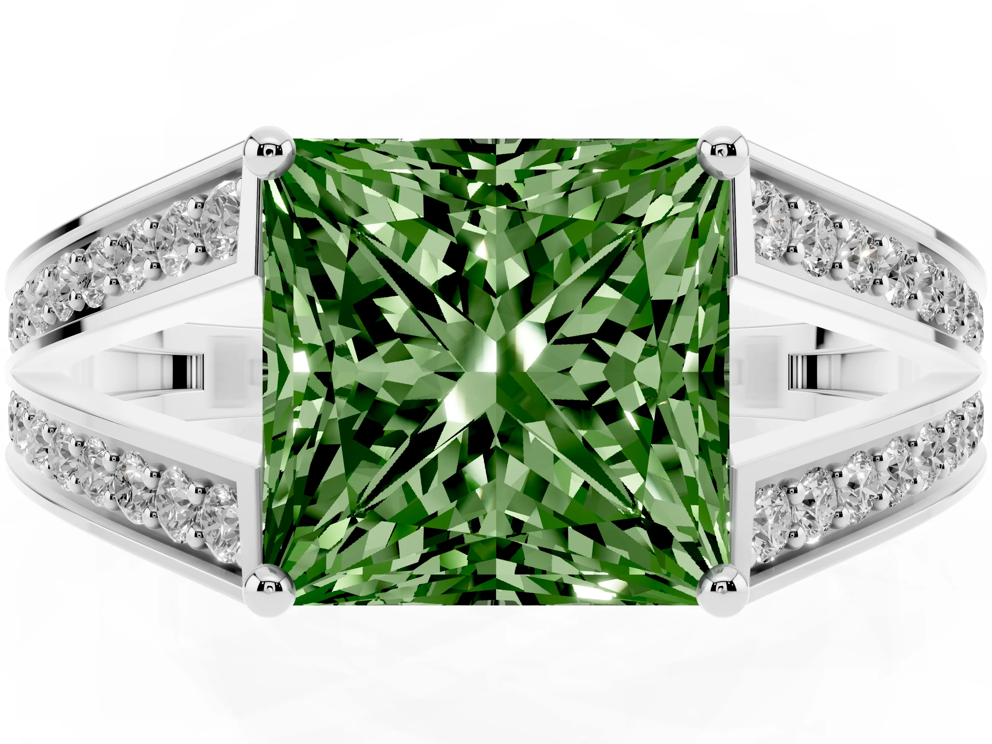 Fancy Green Princess Cut Diamond Split Shank Ring Set in White gold with Pavé Band and Prong Setting