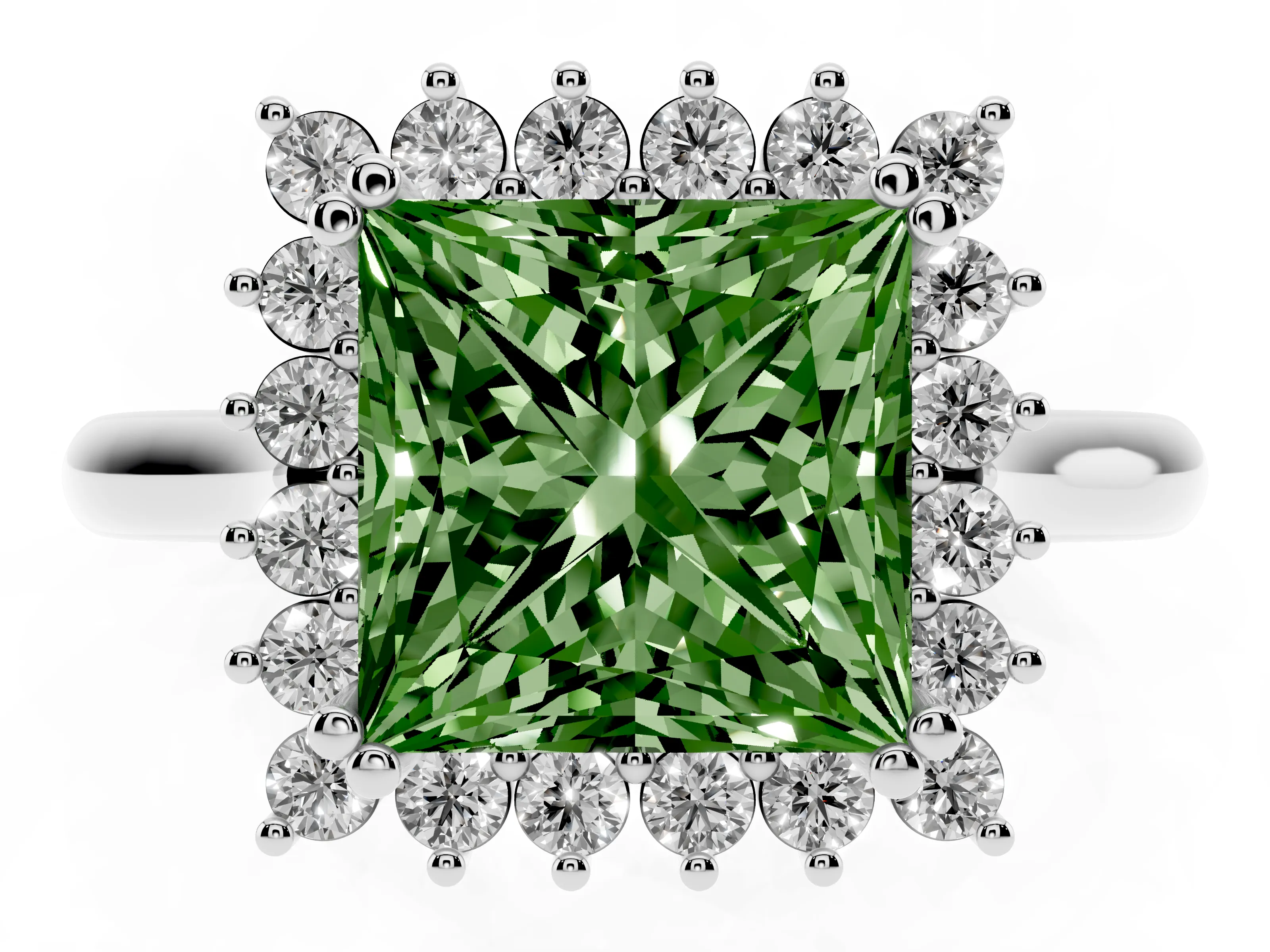 Fancy Green Princess Cut Diamond Halo Ring Set in Silver with Plain Solitaire Band and Prong Setting