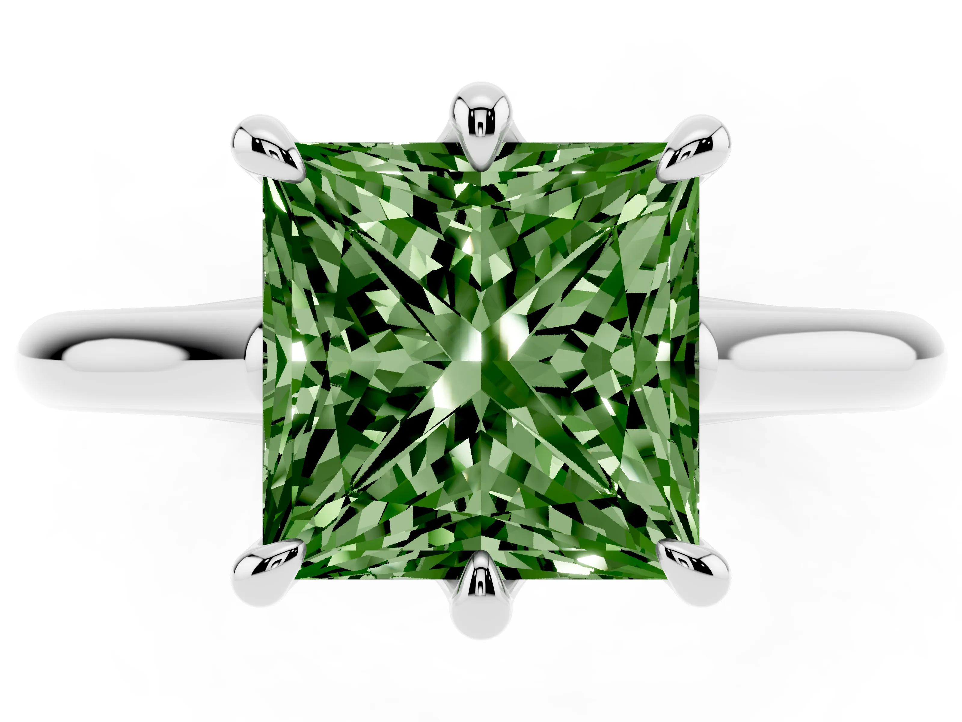 Fancy Green Princess Cut Diamond Solitaire Engagement Ring Set in Platinum with Prong Setting and Plain Classic Band