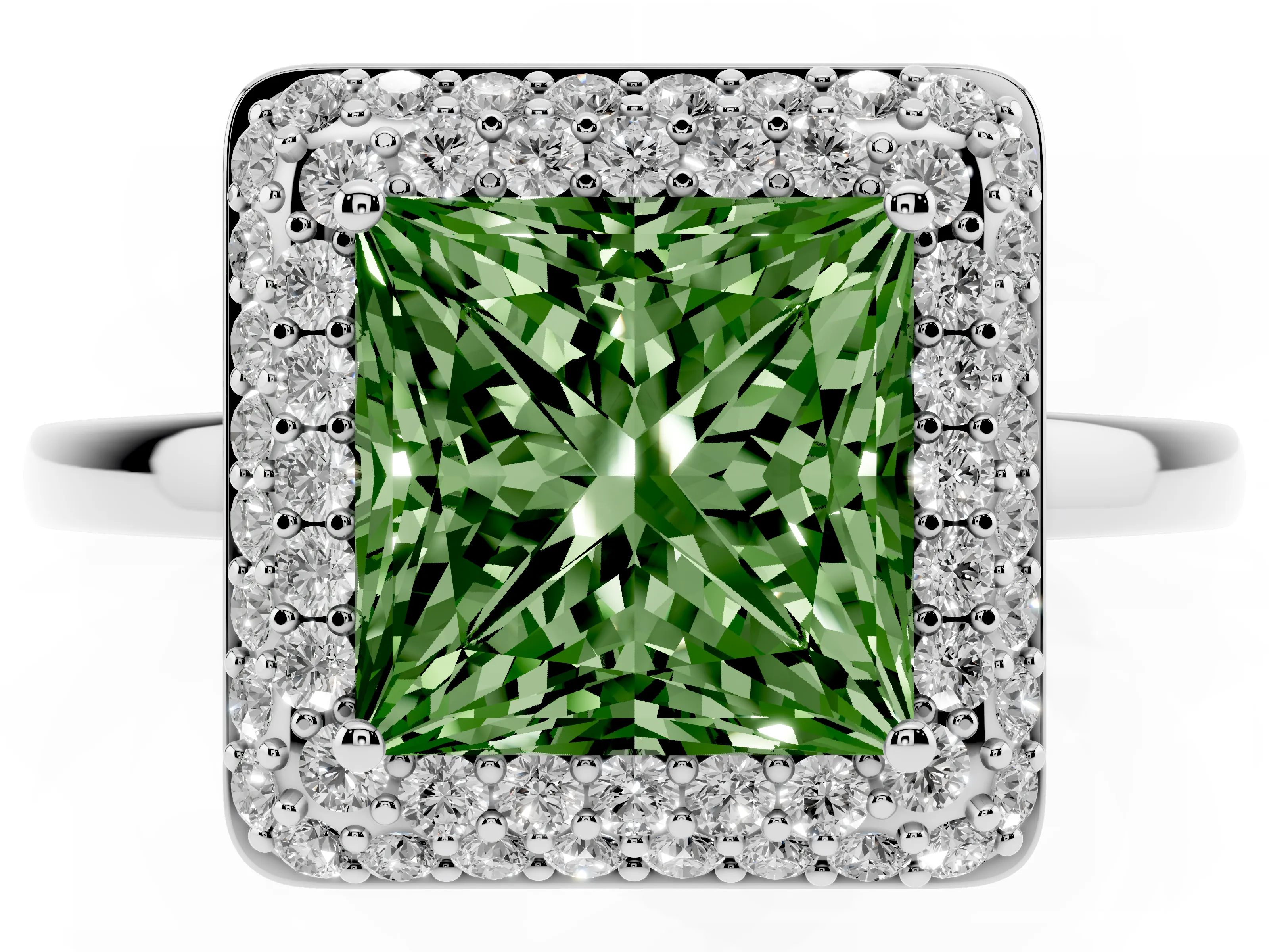 Fancy Green Princess Cut Diamond Halo Engagement Ring Set in White gold with Solitaire Band and Prong Setting
