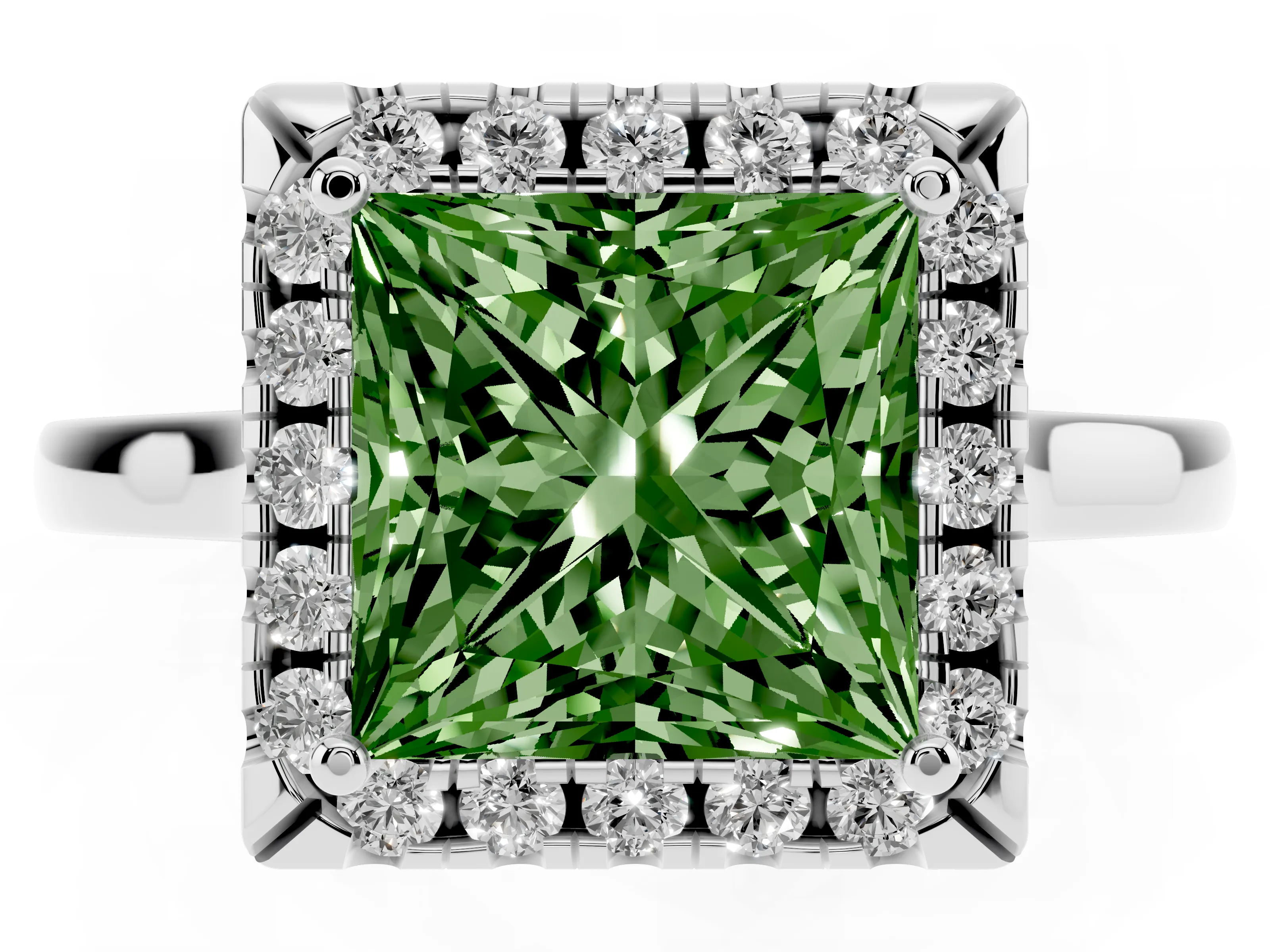 Fancy Green Princess Cut Halo Round Diamond Solitaire Ring Set in White gold with Pavé Band and Prong Setting