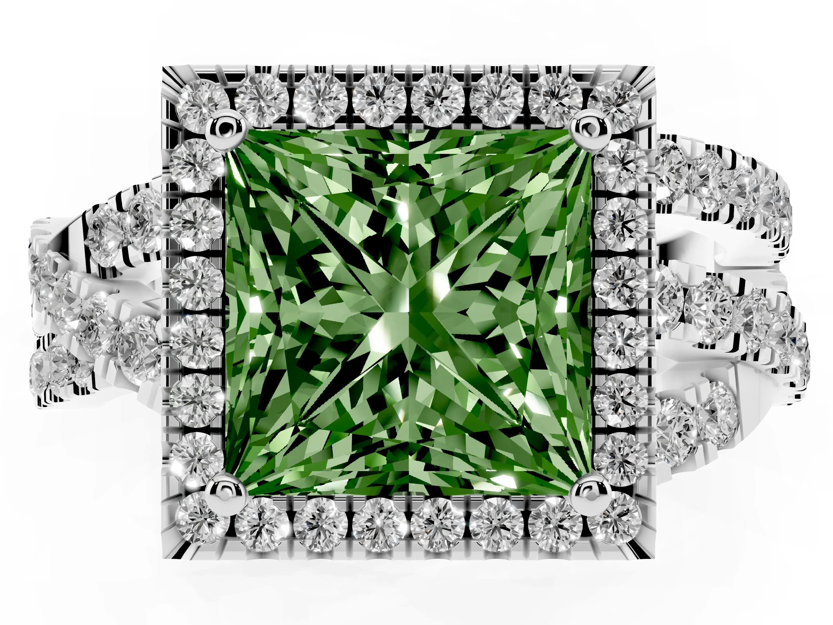 Fancy Green Princess Cut Diamond Halo Ring Set in White gold with Round Crossover Split Shank and Prong Setting