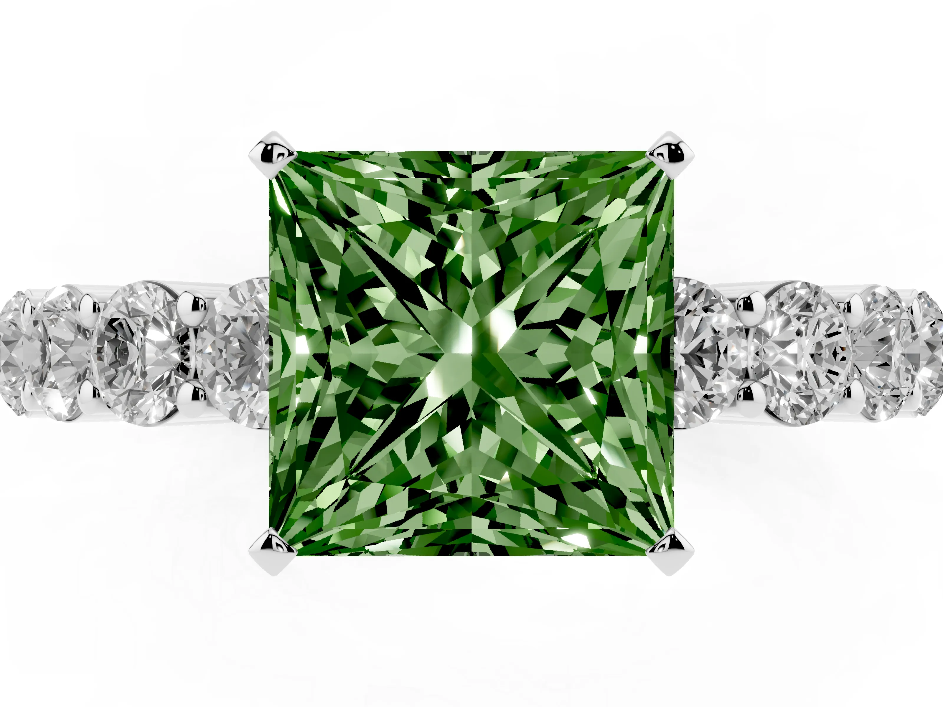 Fancy Green Princess Cut Diamond Solitaire Ring Set in Platinum with Shared Prong Round Side Stones