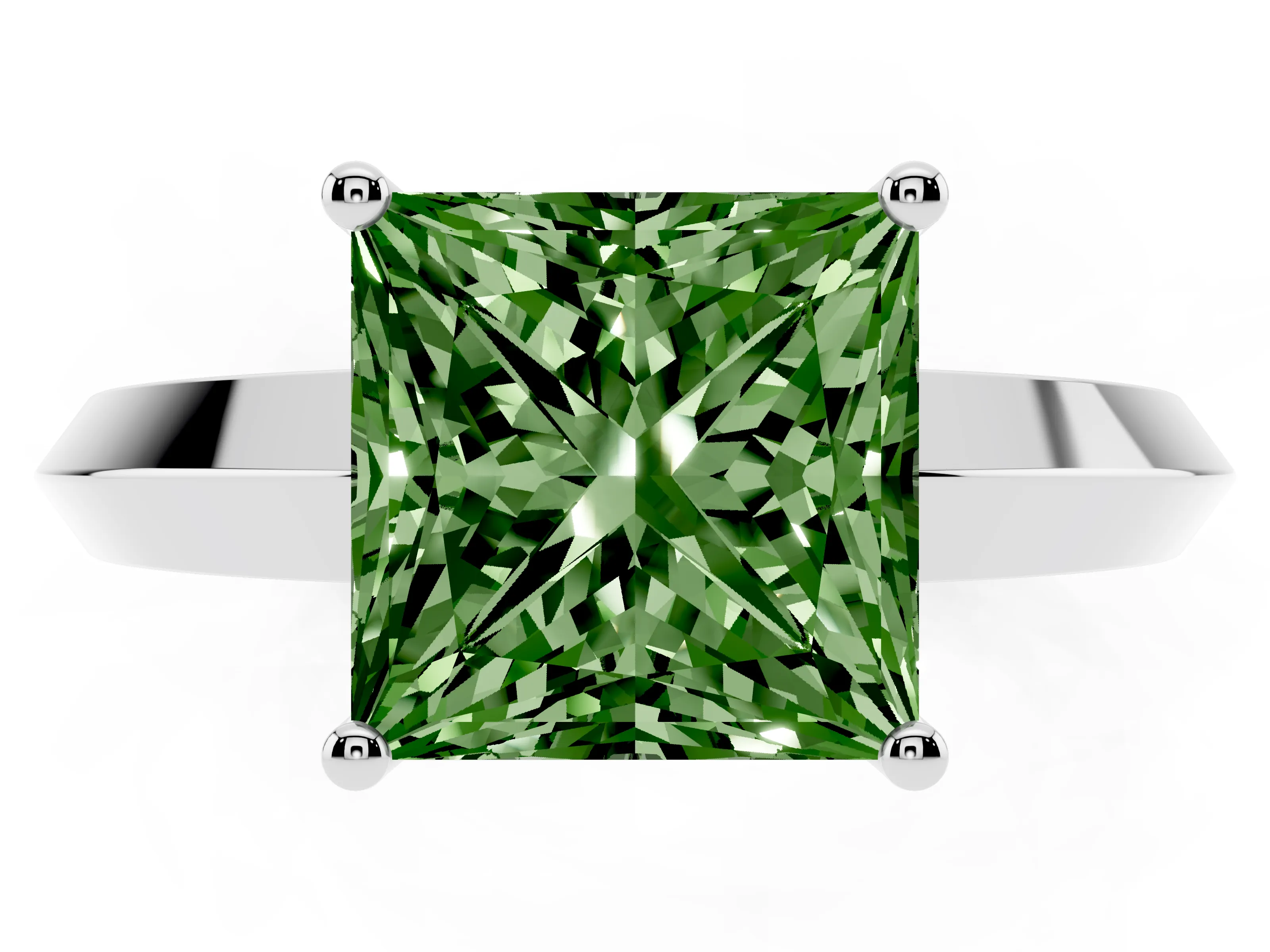 Fancy Green Princess Cut Diamond Solitaire Engagement Ring Set in Silver with Flat Band and Prong Setting