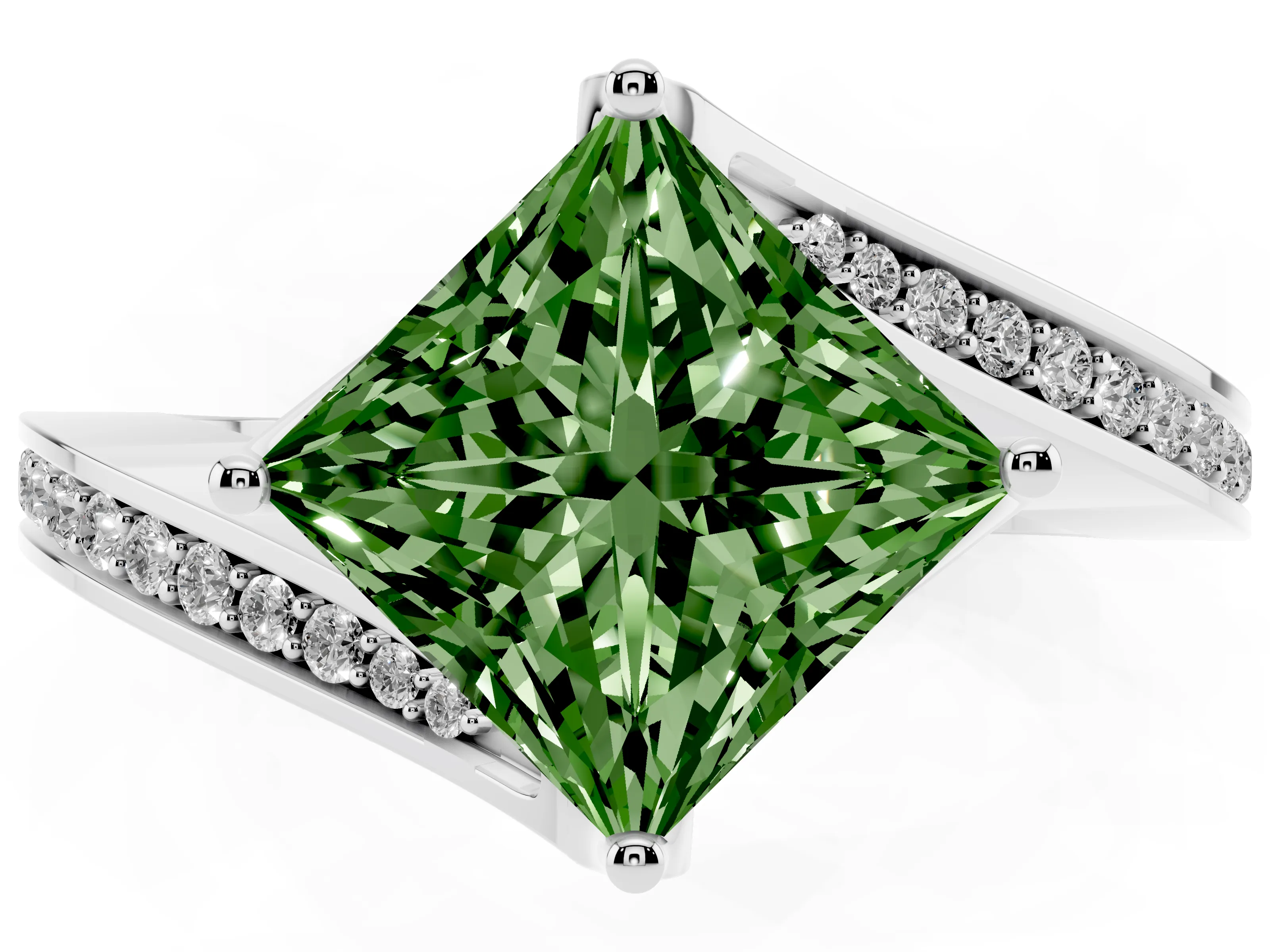 Fancy Green Princess Cut Diamond Solitaire Ring Set in Platinum with Intertwined Pavé Twist Band