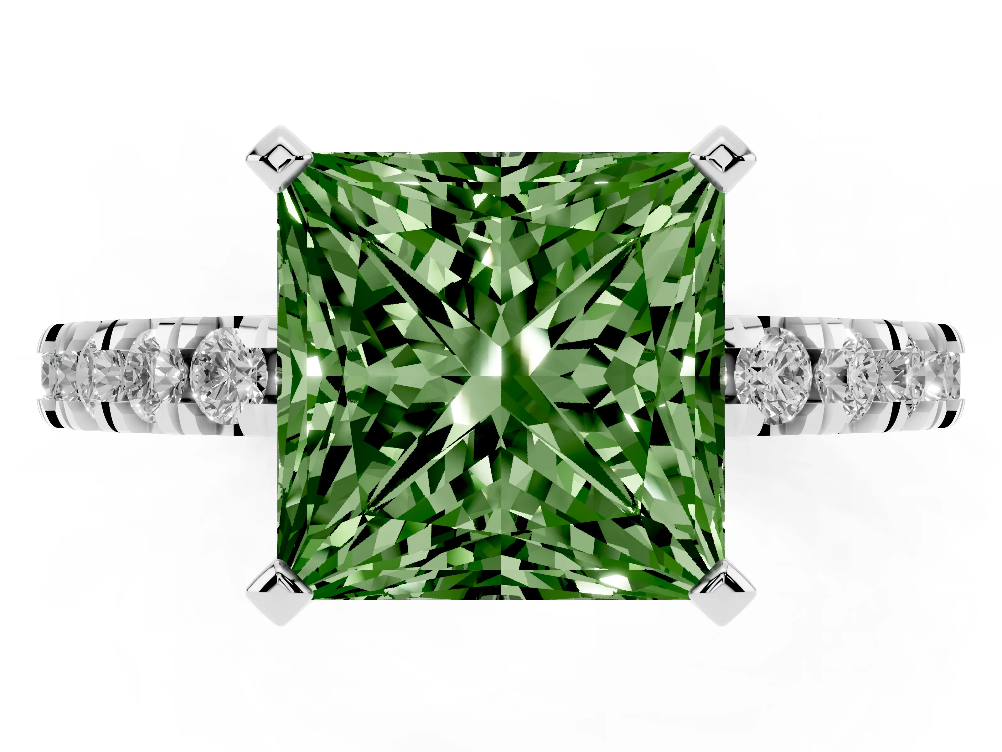 Fancy Green Princess Cut Diamond Pavé Band Solitaire Set in White gold with Prong Setting