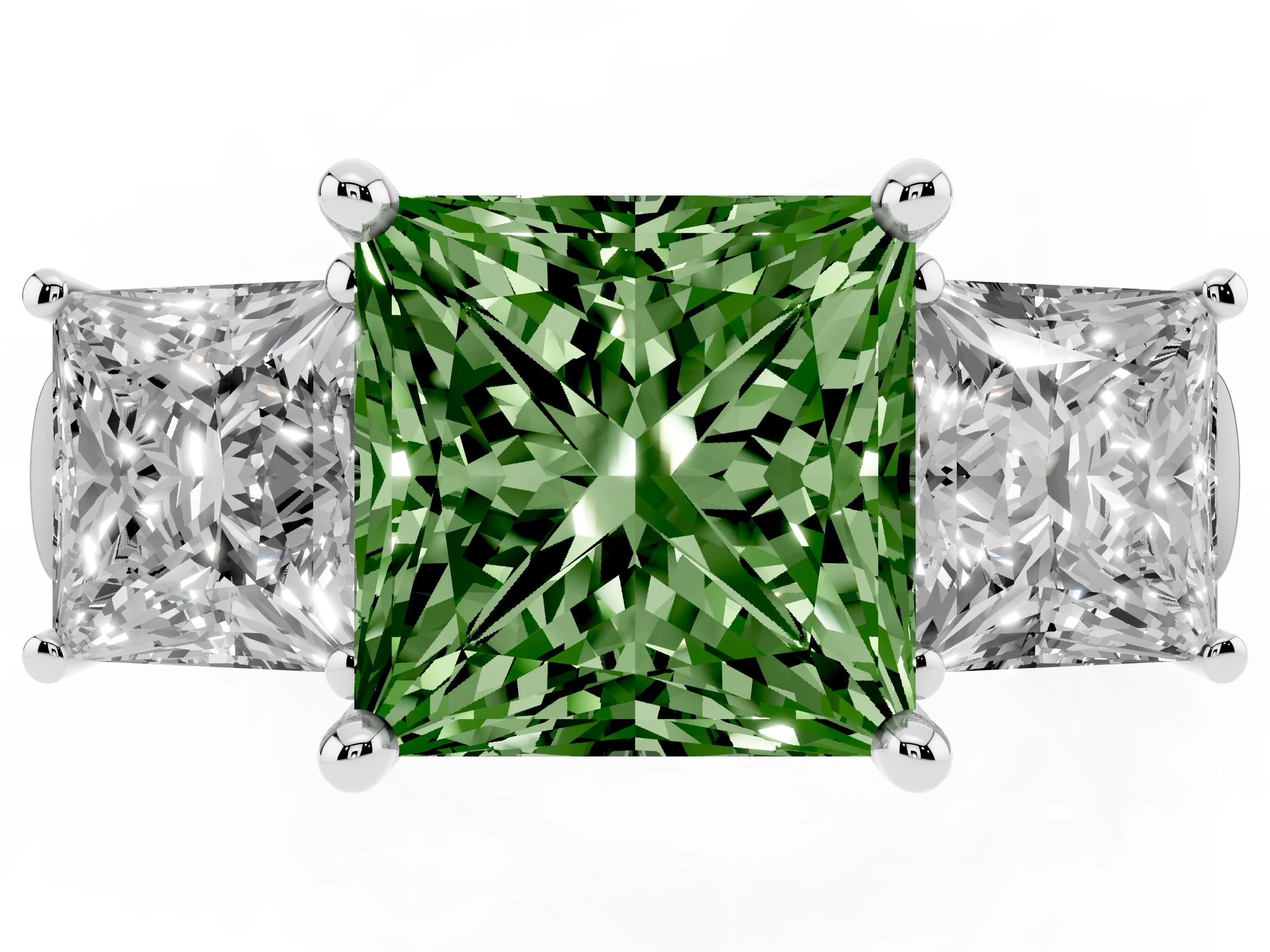 Fancy Green Princess Cut Diamond Three-Stone Trellis Ring Set in Silver with Comfort Fit Band
