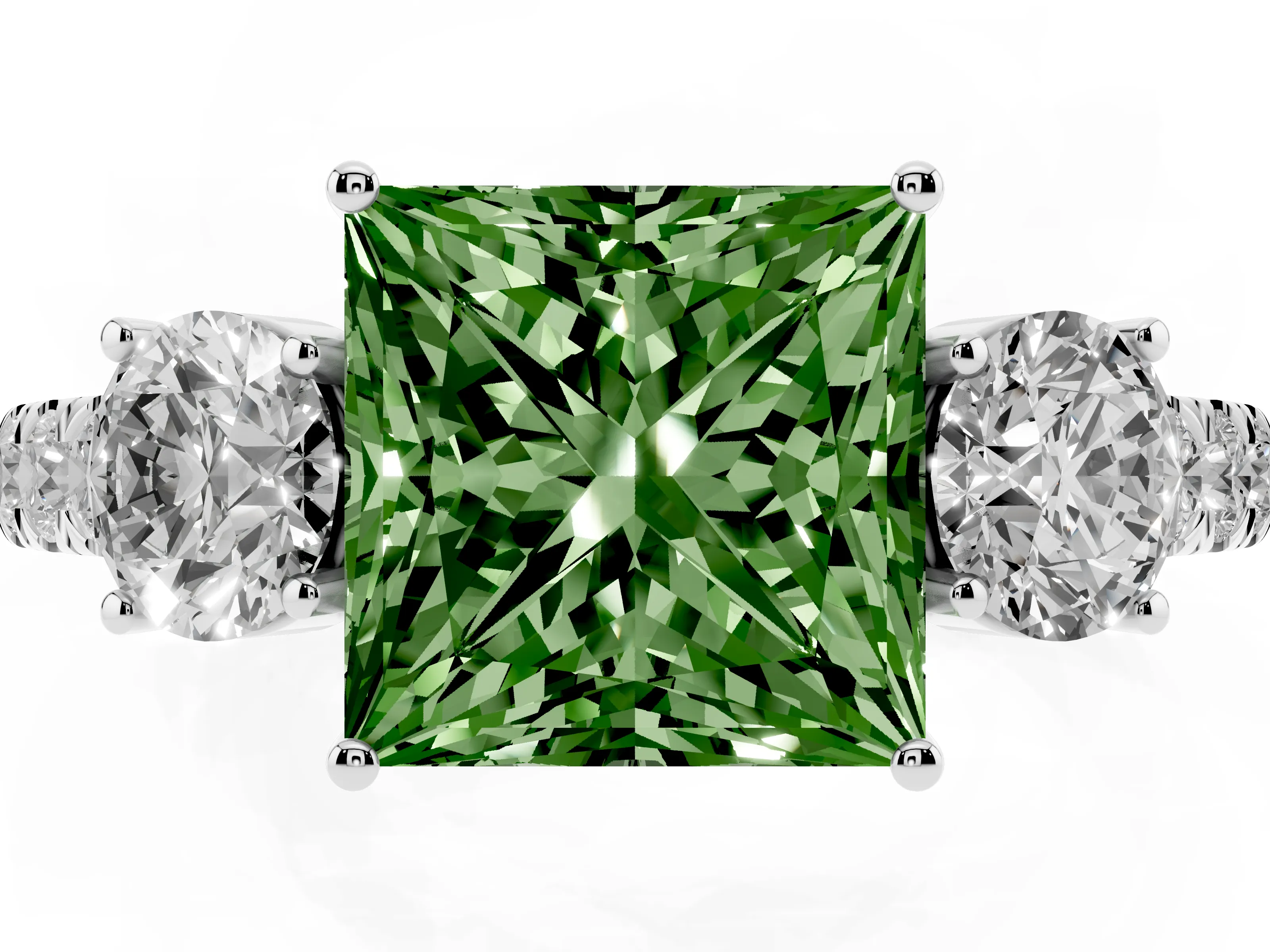 Fancy Green Princess Cut Diamond Three-Stone Ring Set in Silver with Round Side Stones and Delicate Pavé Band