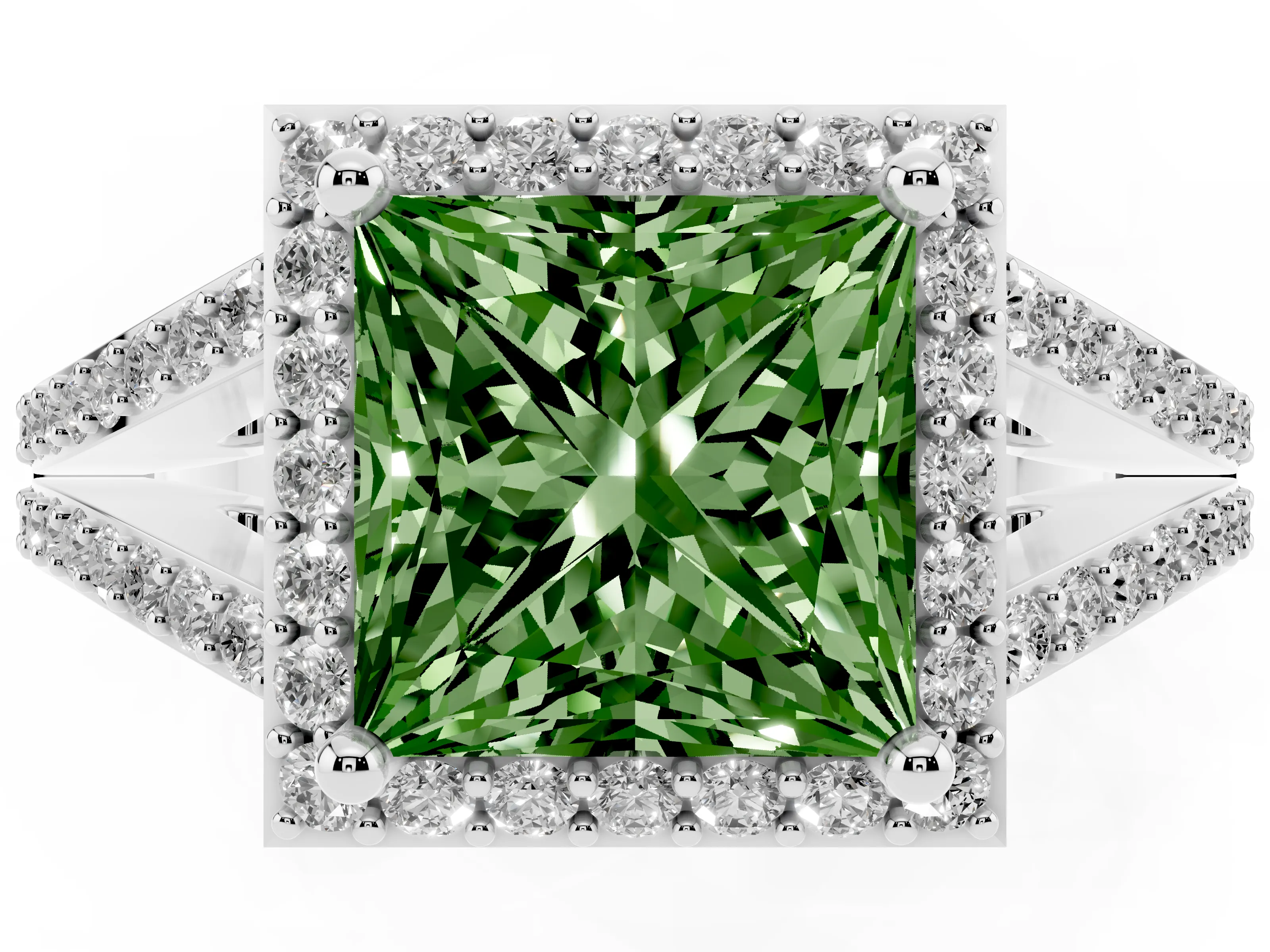Fancy Green Princess Cut Diamond Halo Split Shank Pavé Ring Set in Silver with Prong Setting