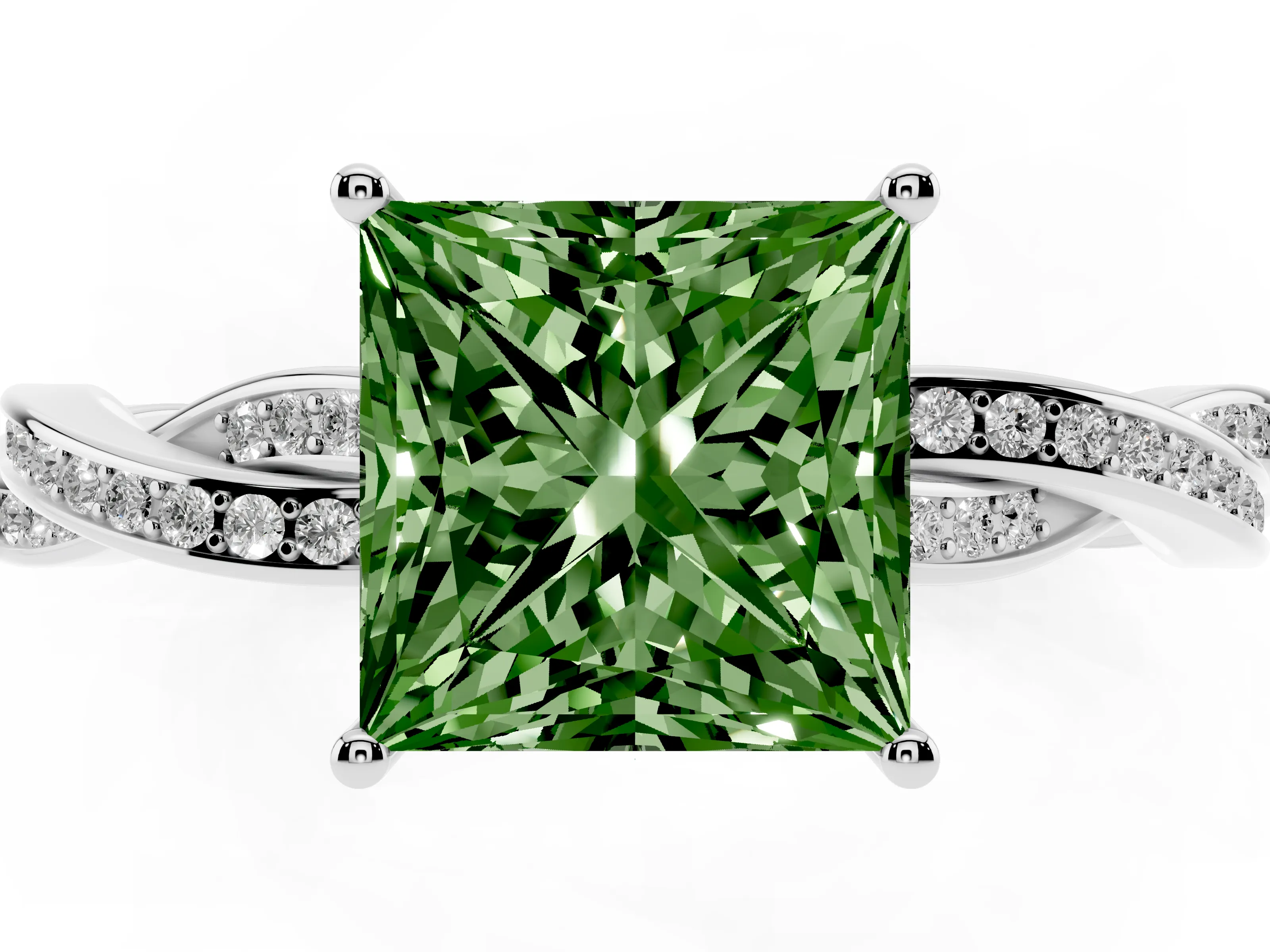 Fancy Green Princess Cut Diamond Solitaire Twisted Pavé Ring Set in Silver with Prong Setting