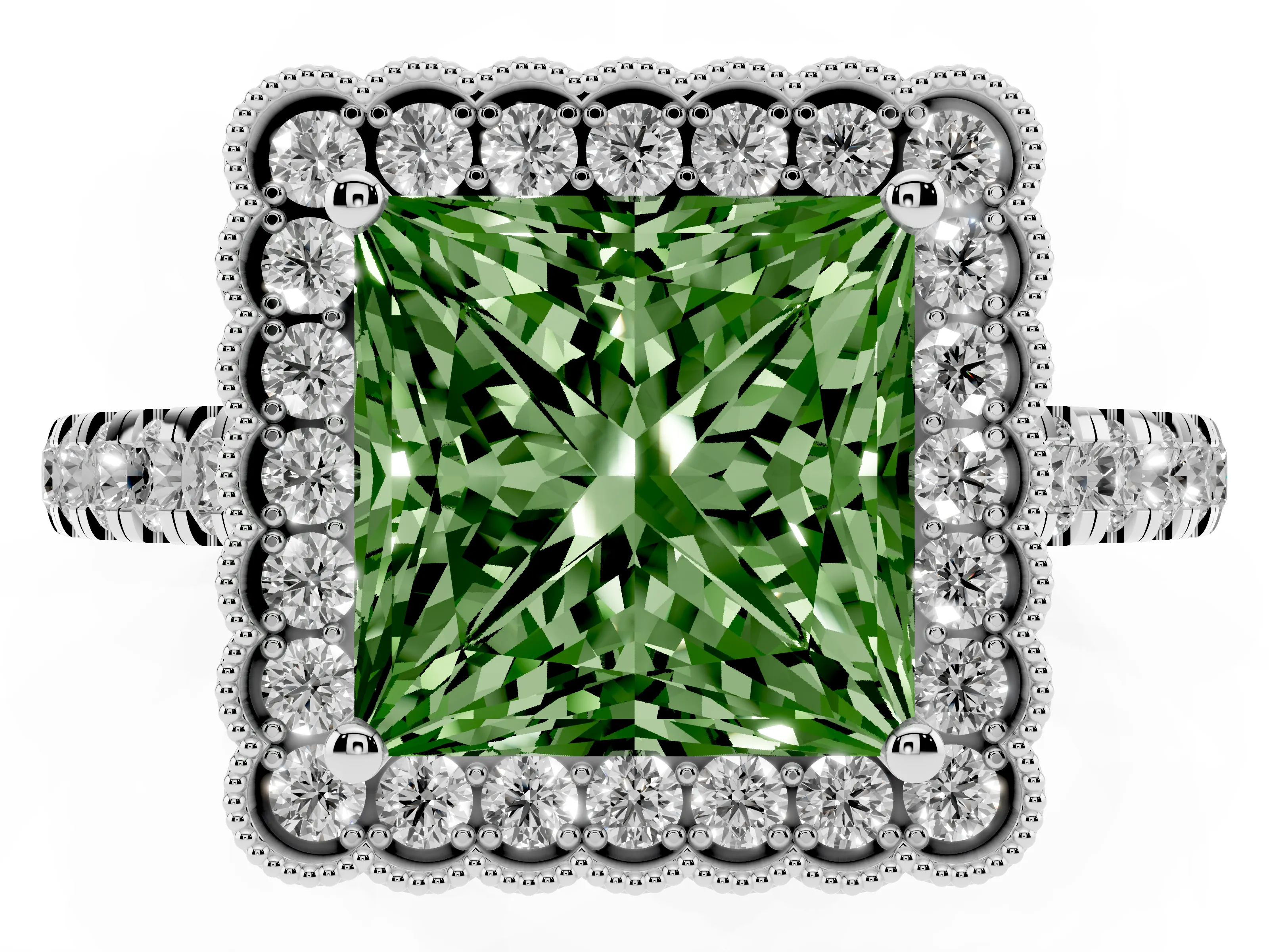 Fancy Green Princess Cut Diamond Milgrain Floral Halo Engagement Ring Set in Silver with Pavé Band
