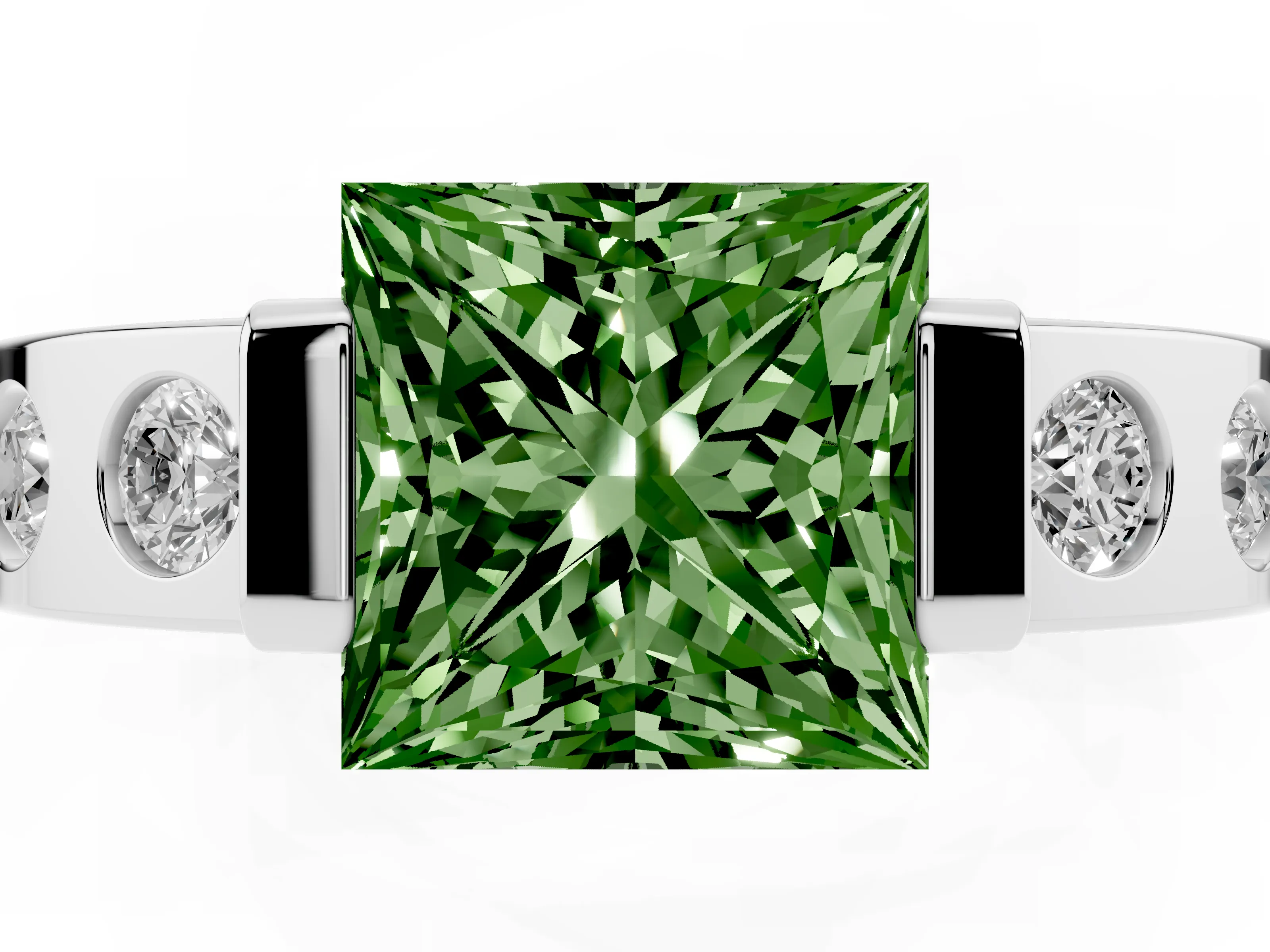 Fancy Green Princess Cut Diamond Channel-Set Band Ring Set in Silver with Bezel Prong Setting