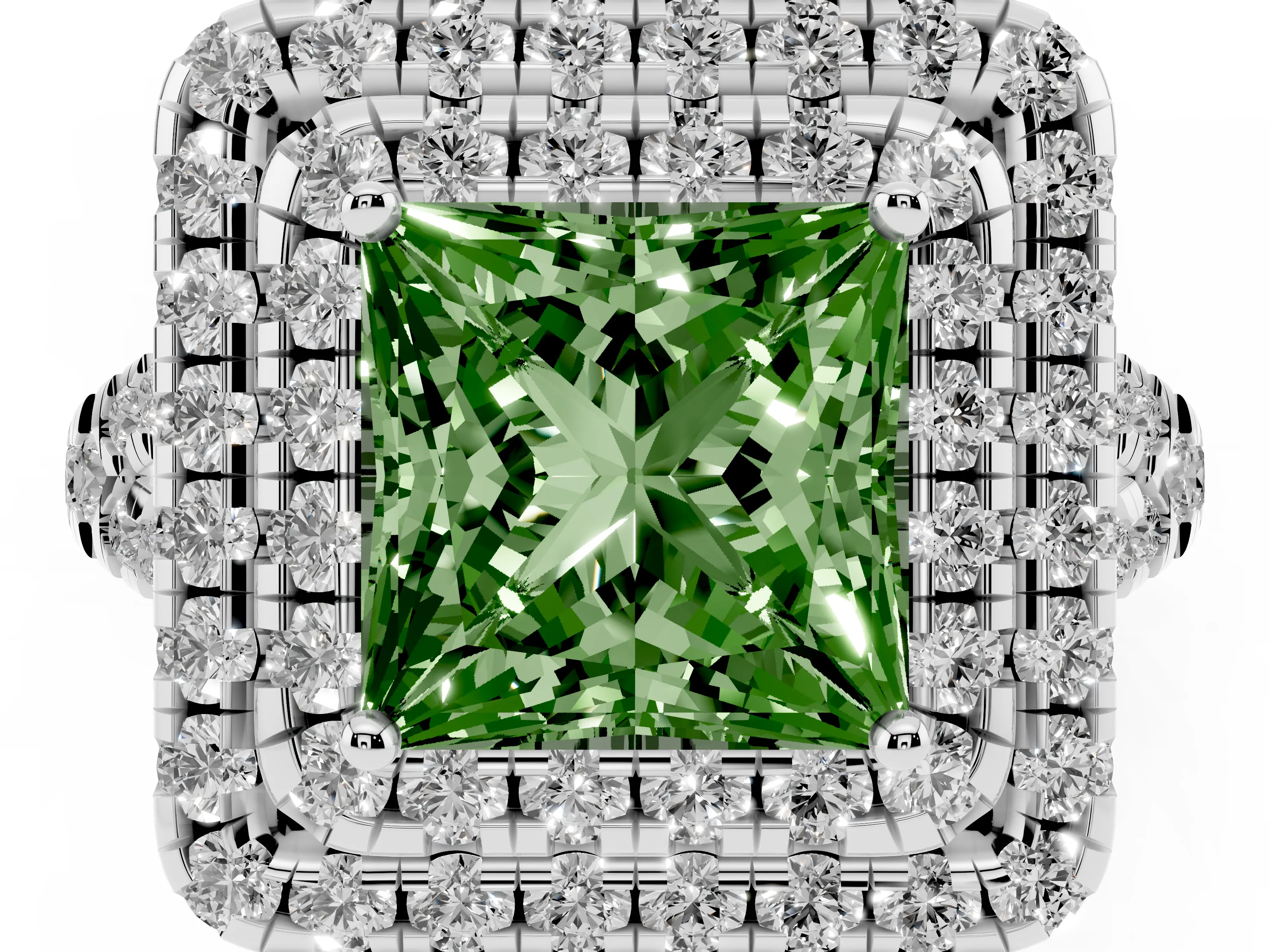 Fancy Green Princess Cut Diamond Double Halo Ring Set in White gold with Pavé Split Shank and Prong Setting