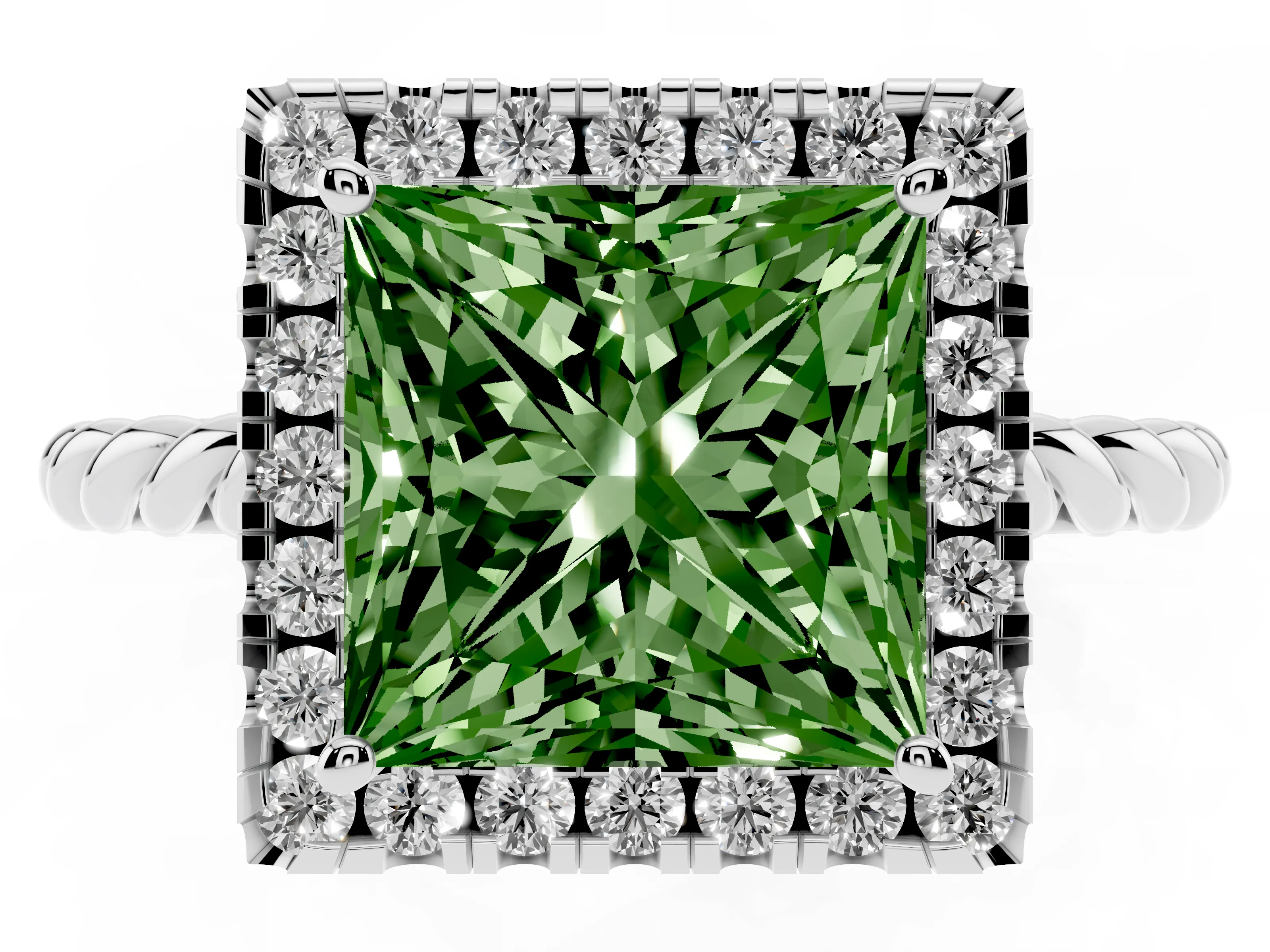 Fancy Green Princess Cut Diamond Halo Ring Set in Silver with Plain Twisted Band