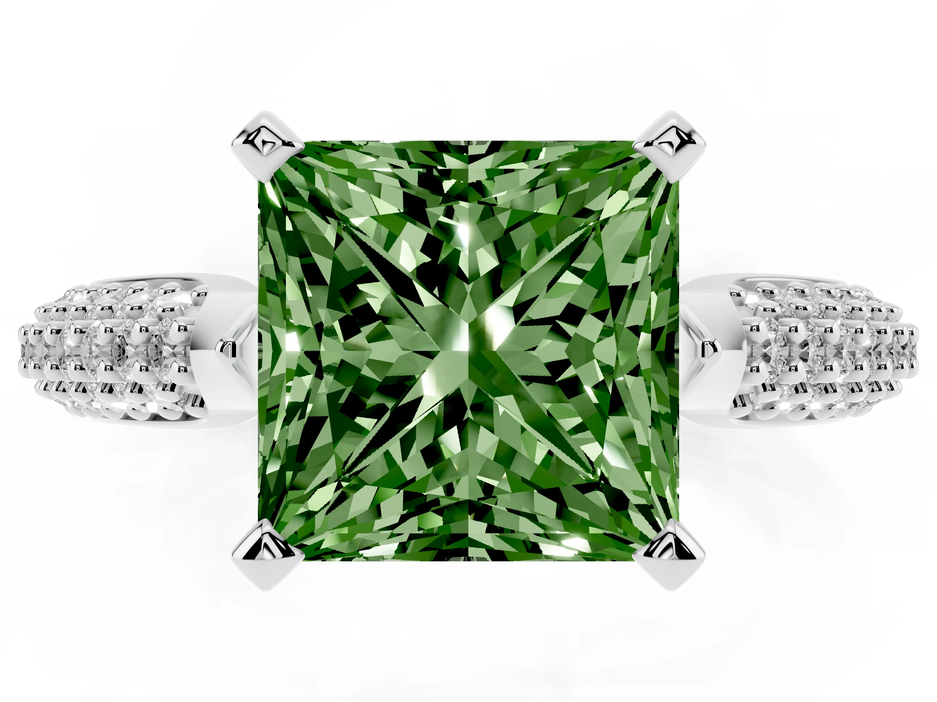 Fancy Green Princess Cut Diamond Solitaire Engagement Ring Set in Platinum with Multi-Row Round Pavé Band and Prong Setting