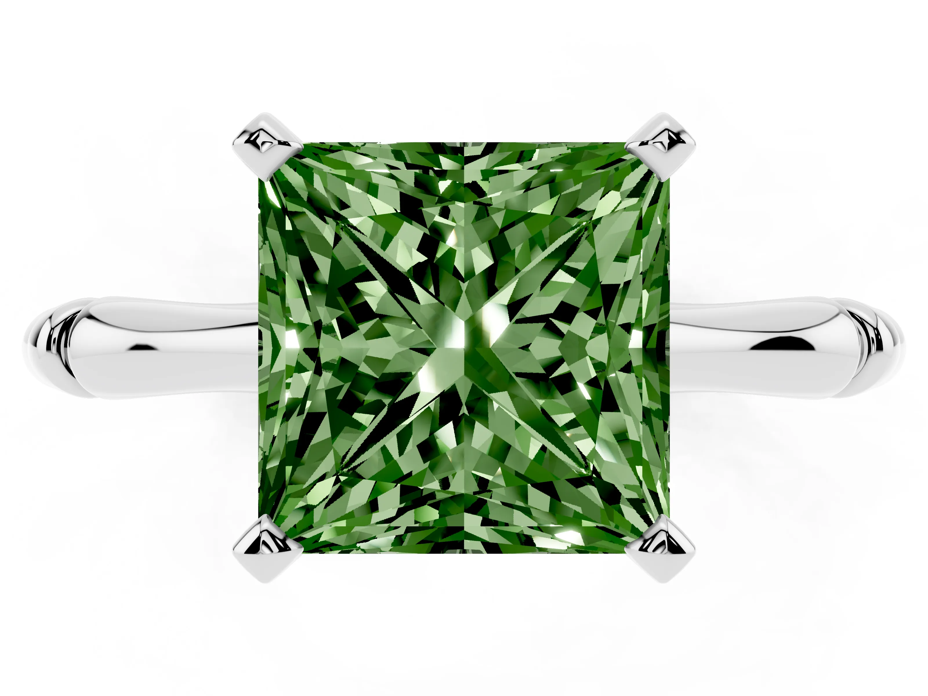 Fancy Green Princess Cut Diamond Solitaire Ring Set in Silver with Bamboo Band and Prong Setting