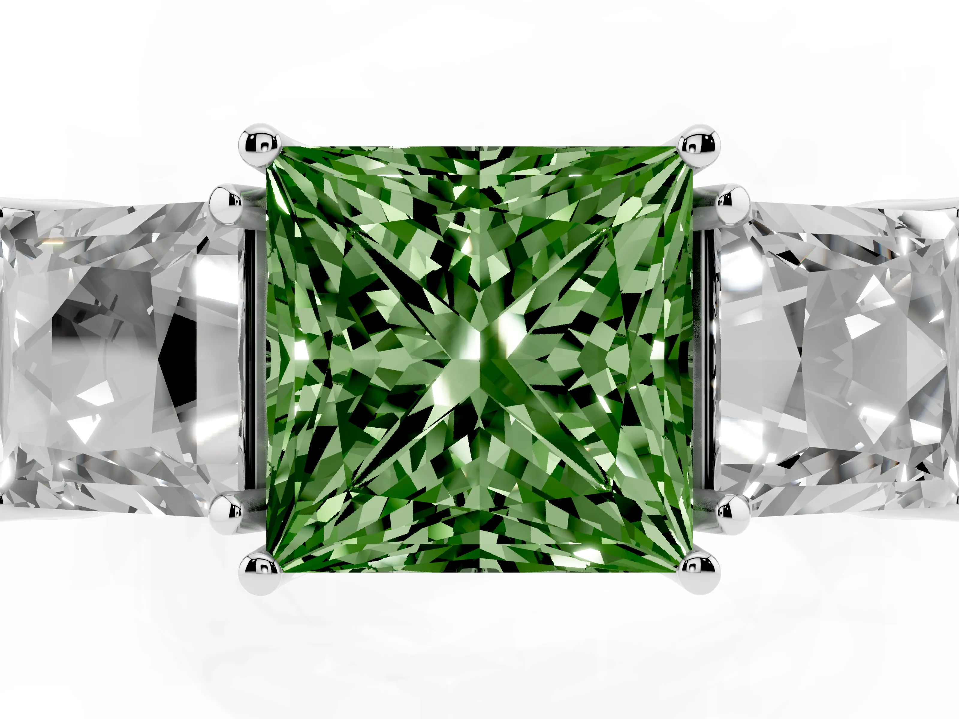 Fancy Green Princess Cut Diamond Three-Stone Engagement Ring Set in White gold with Milgrain Pavé Band