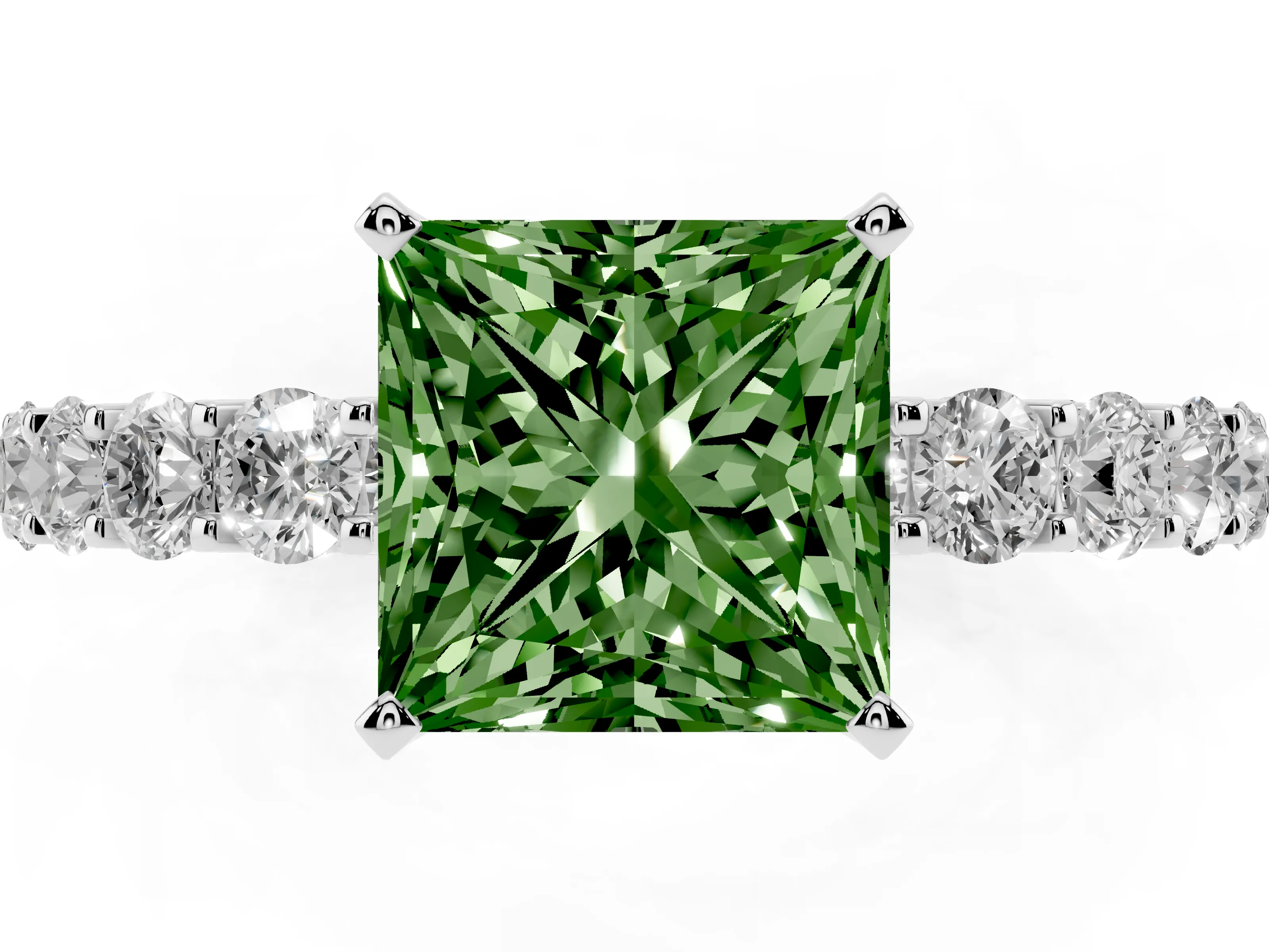Fancy Green Princess Cut Diamond Solitaire Ring Set in Silver with Shared Prong Pavé Band