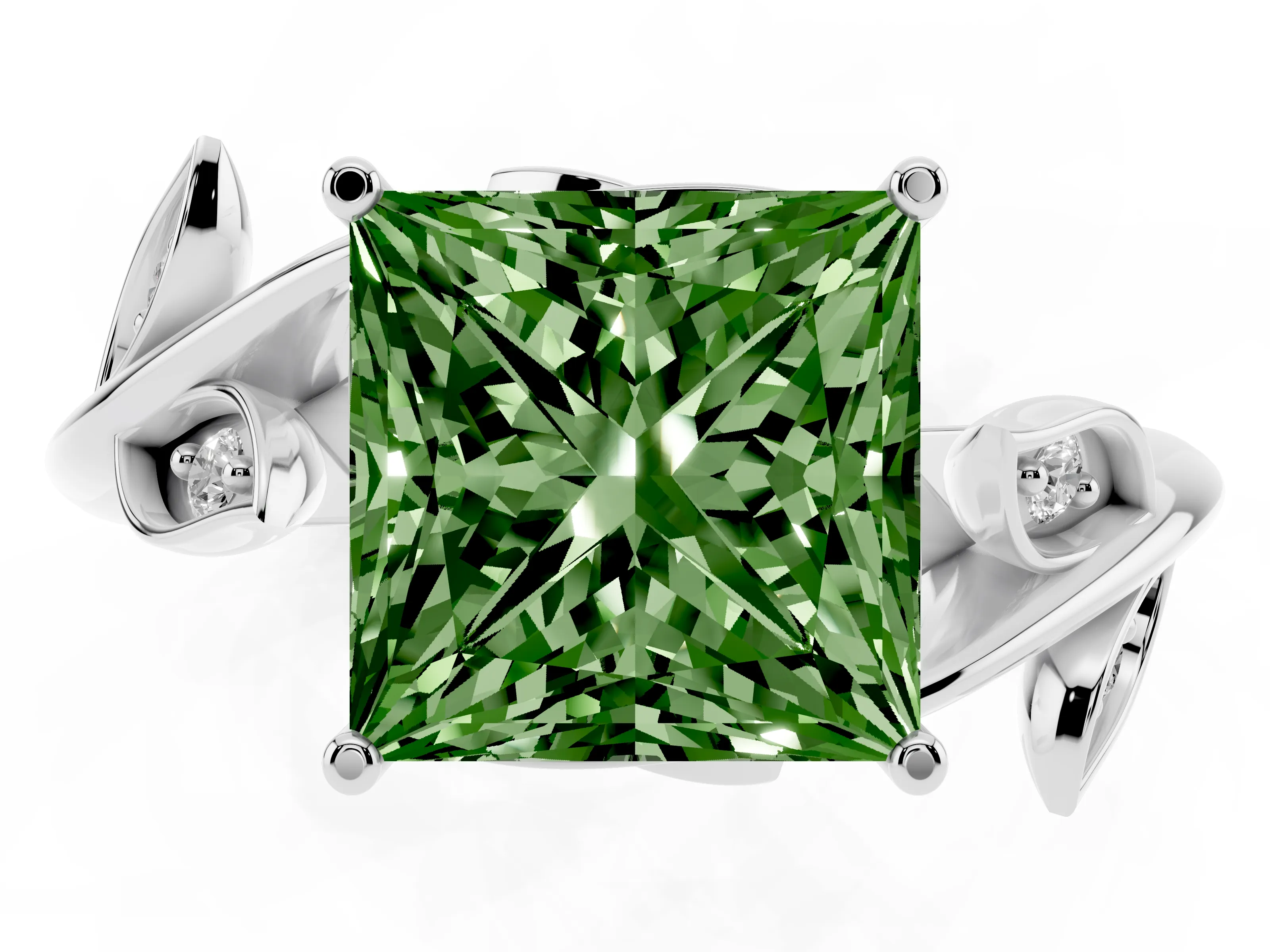 Fancy Green Princess Cut Diamond Solitaire Twist Engagement Ring Set in White gold with Pavé Leaf Accents