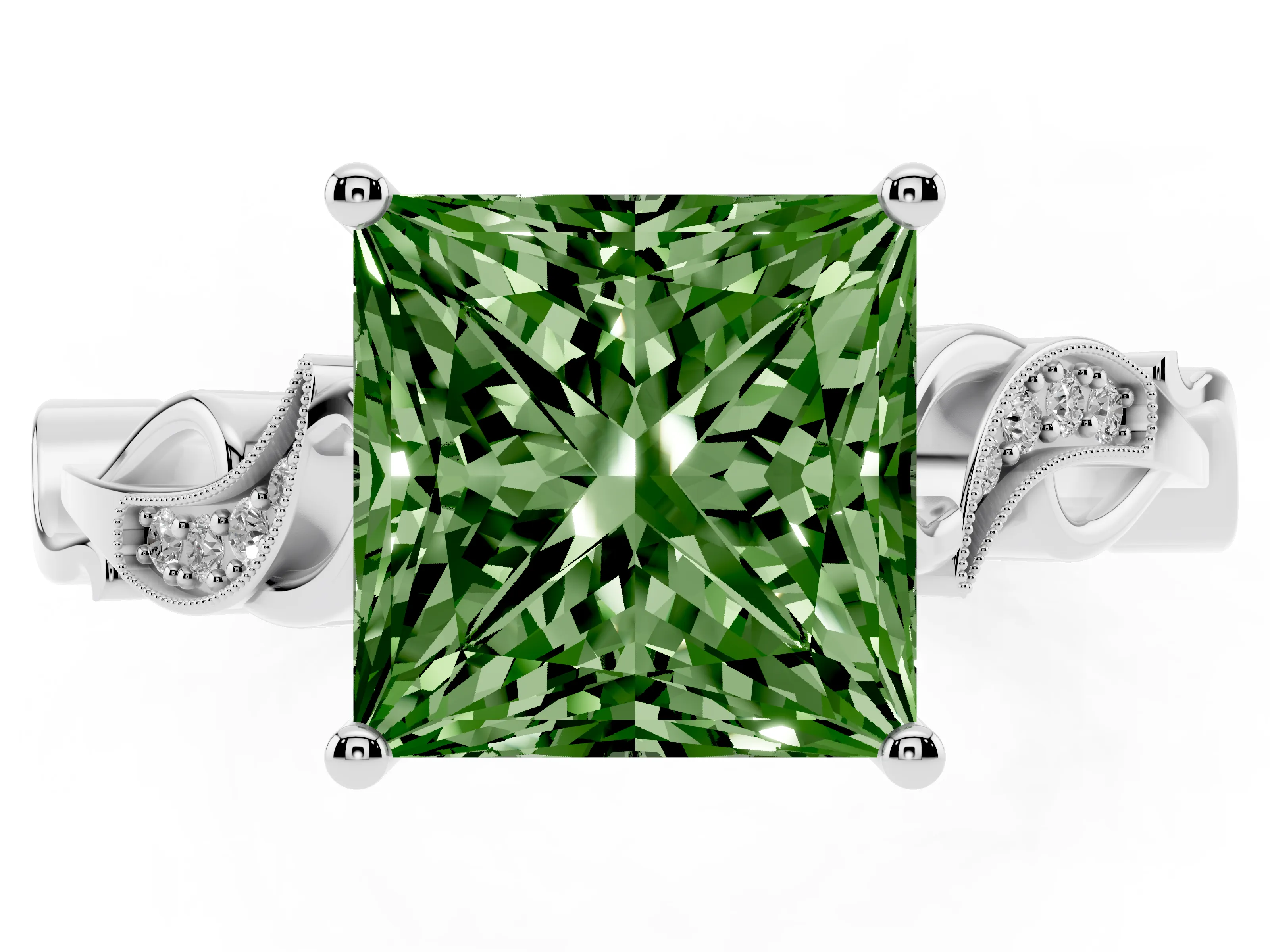Fancy Green Princess Cut Diamond Vine Band Solitaire Ring Set in White gold with Milgrain Prong Setting