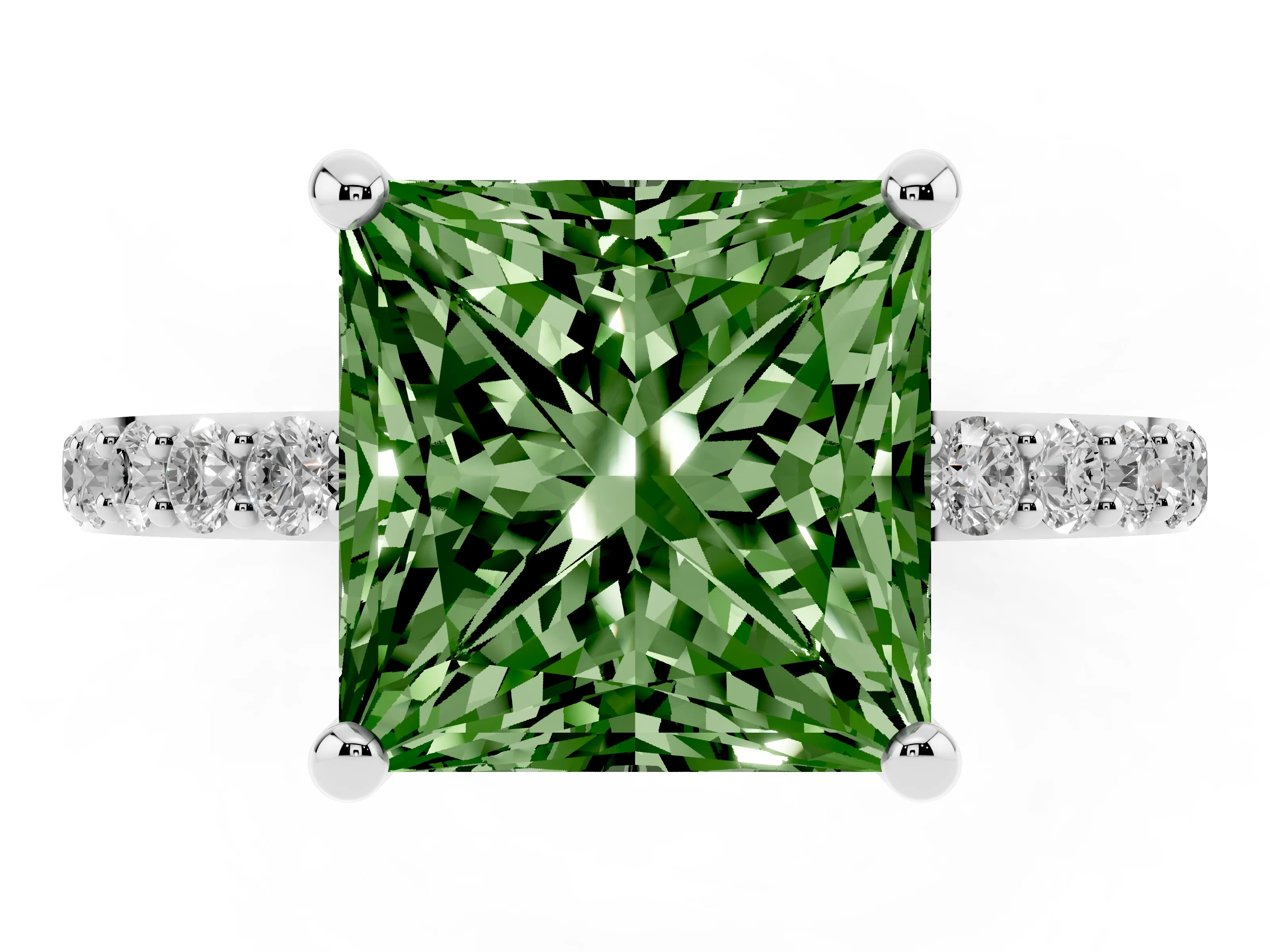 Fancy Green Princess Cut Diamond Solitaire Ring Set in White gold with Round Pavé Band and Prong Setting