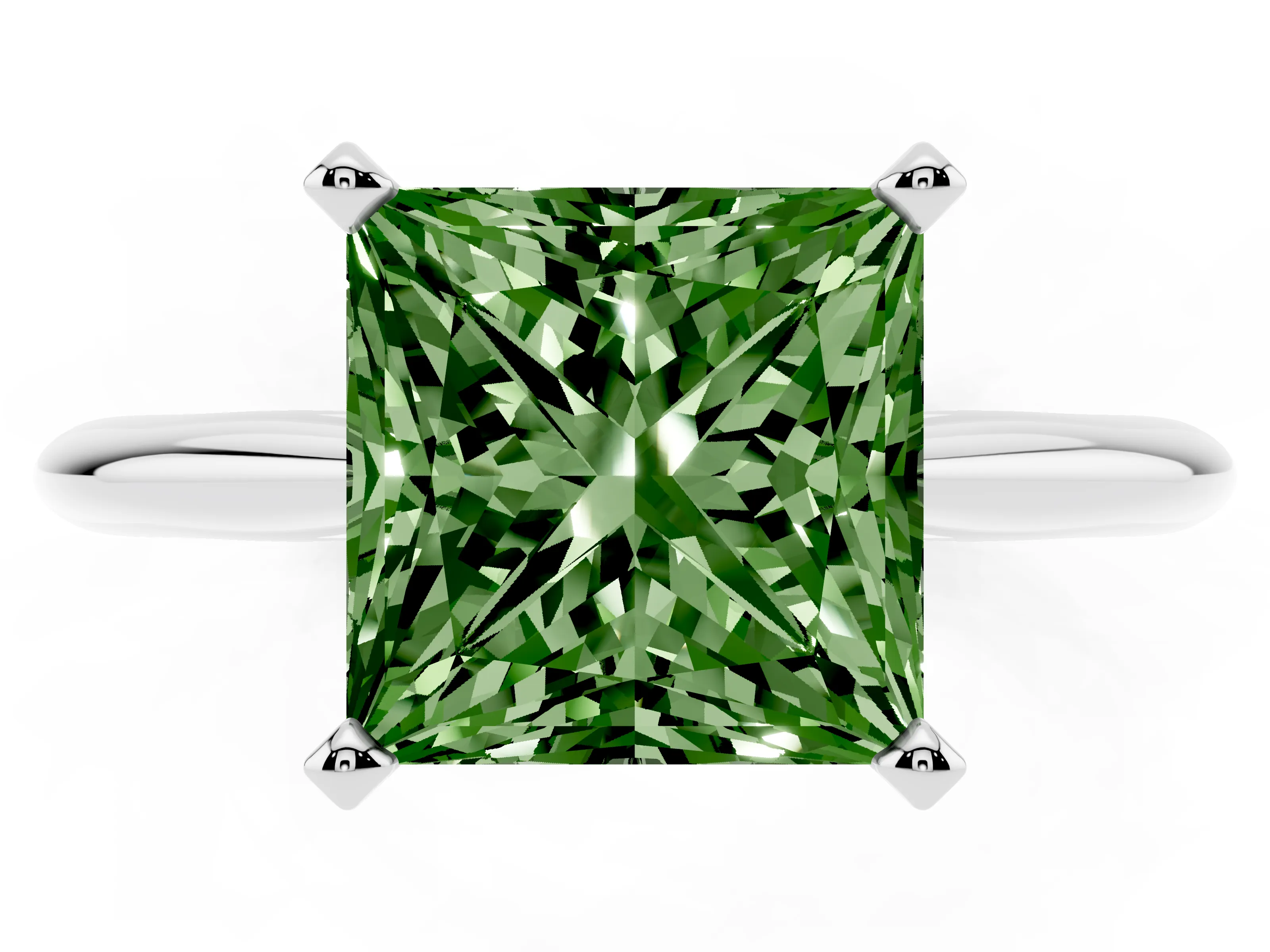 Fancy Green Princess Cut Diamond Solitaire Ring Set in White gold with Prong Setting on a Plain Round Band