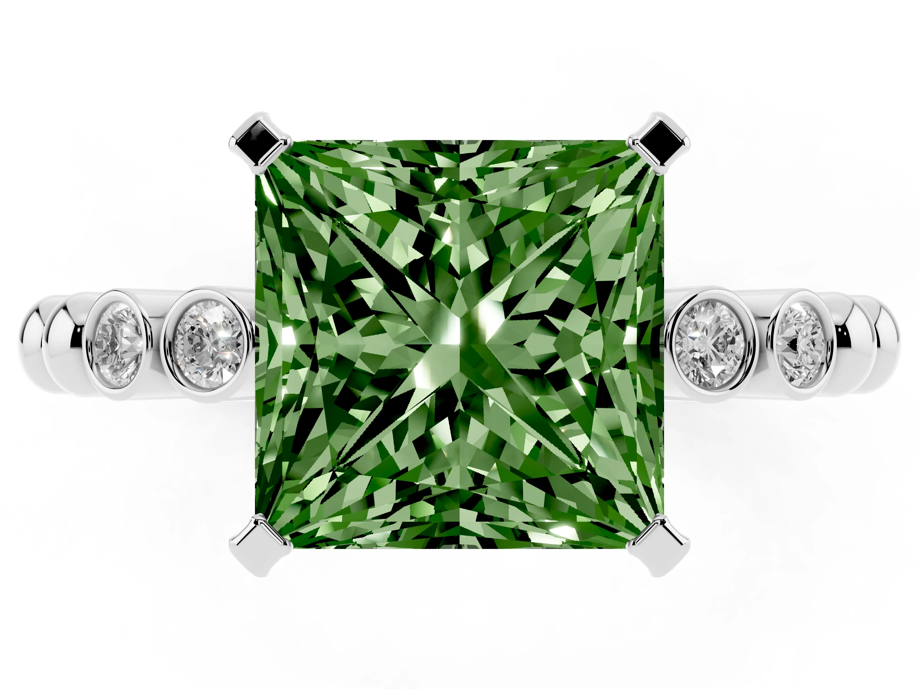 Fancy Green Princess Cut Diamond Solitaire Engagement Ring Set in Silver with Bezel Accents on Beaded Band