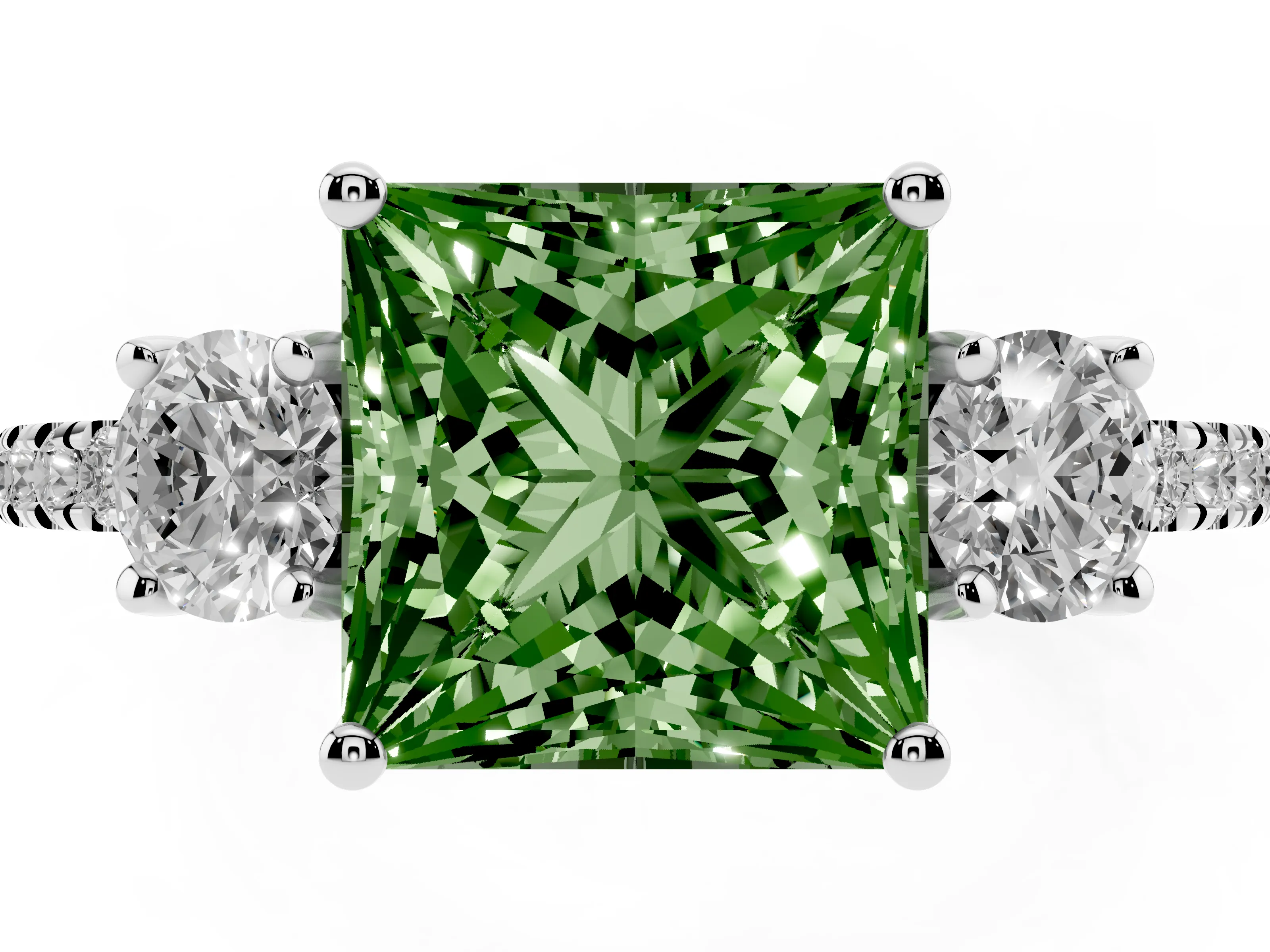 Fancy Green Princess Cut Diamond Three-Stone Ring Set in White gold with Pavé Band and Graduated Sides