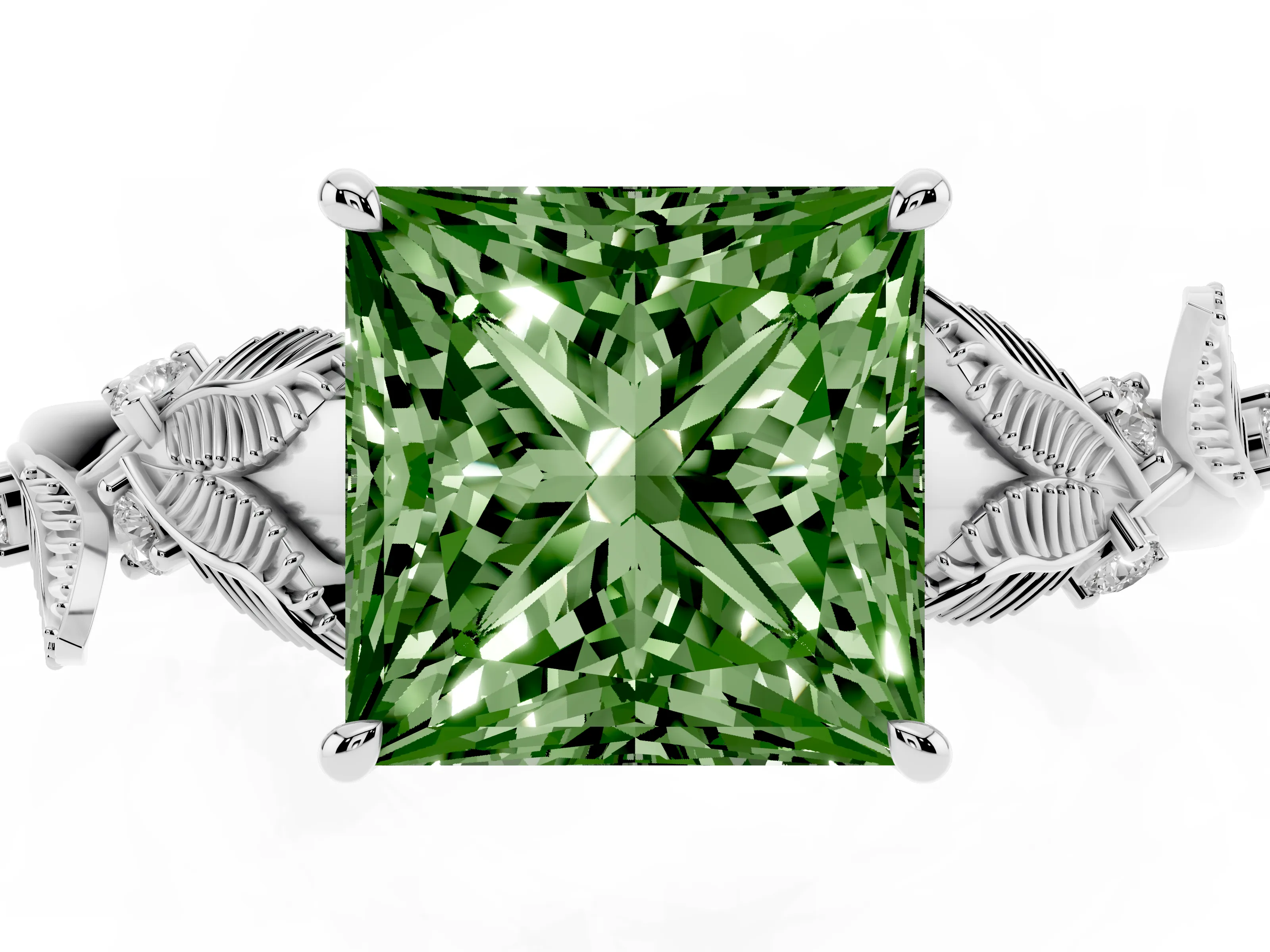 Fancy Green Princess Cut Diamond Solitaire Ring Set in Silver with Leaf Motif Band