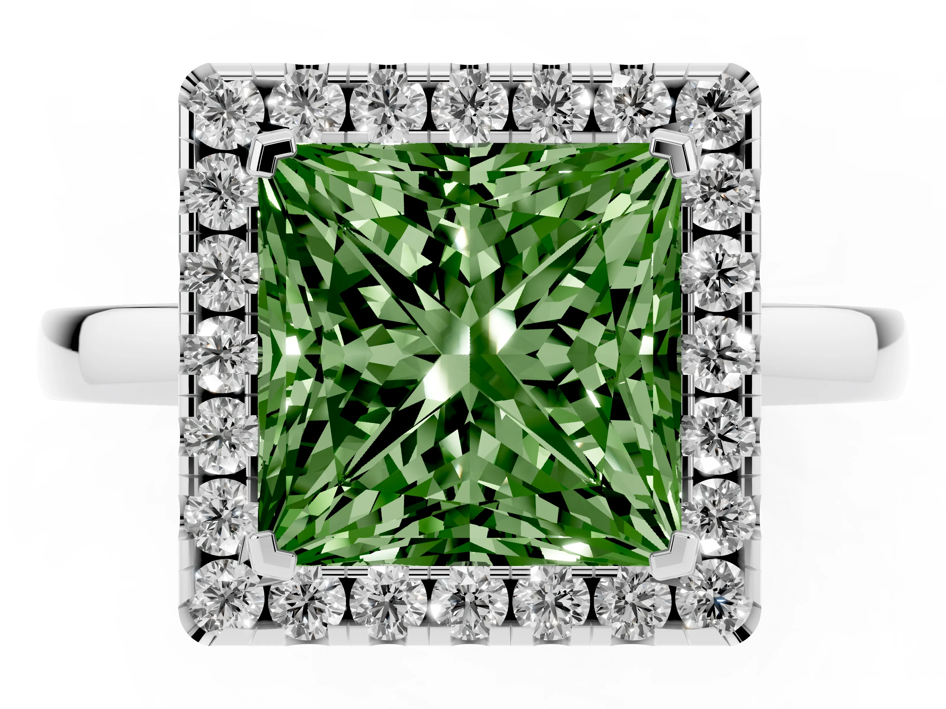 Fancy Green Princess Cut Diamond Halo Solitaire Ring Set in White gold with Pavé Band and Prong Setting