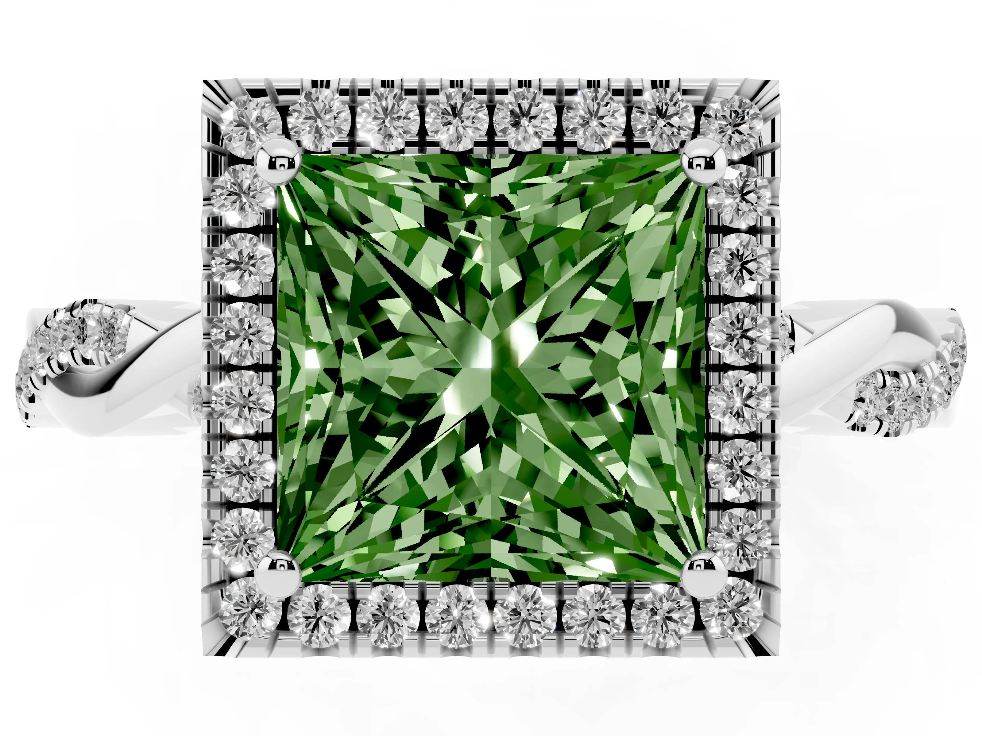 Fancy Green Princess Cut Diamond Halo Twisted Band Ring Set in Silver with Prong Setting