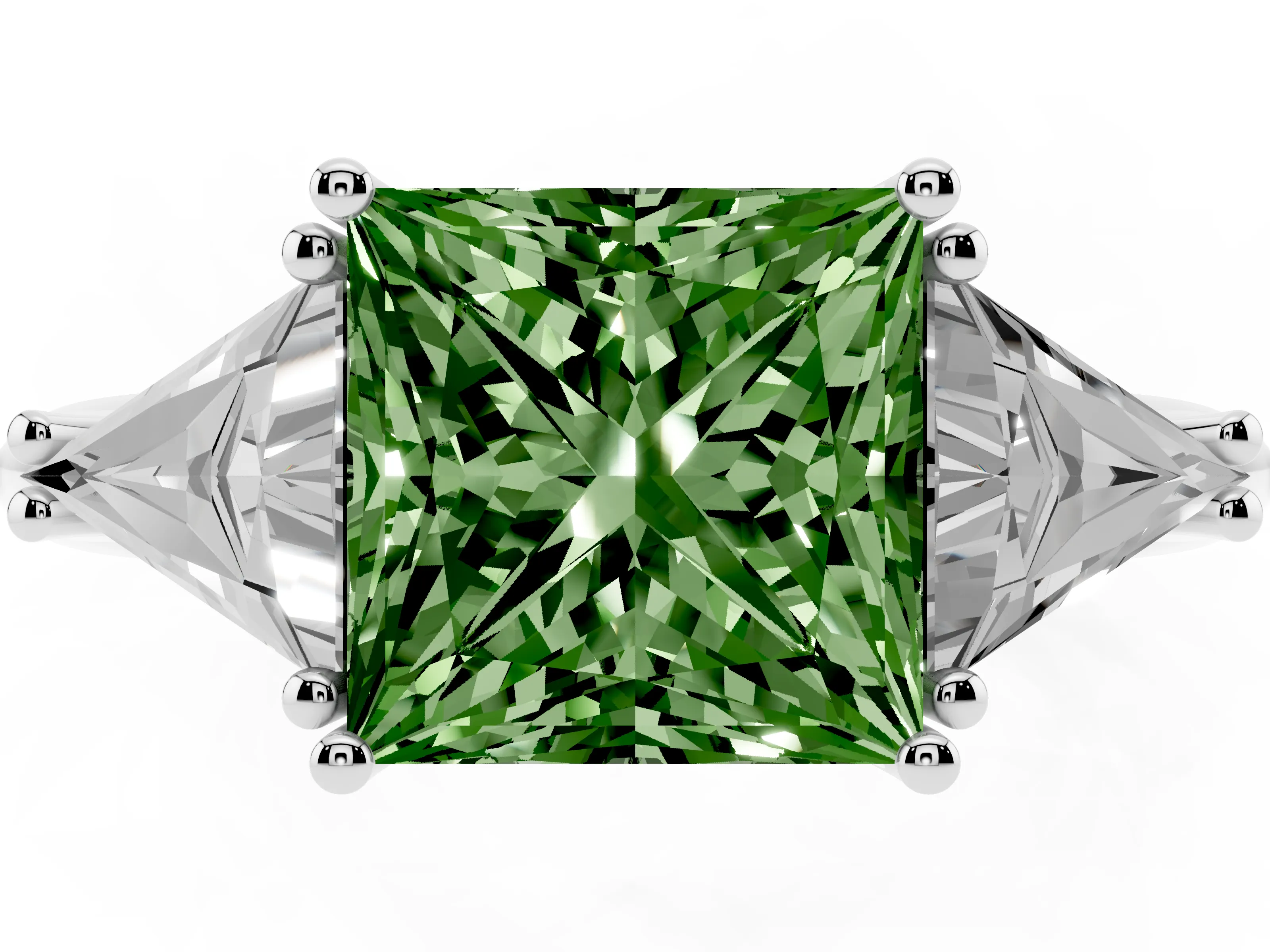 Fancy Green Princess Cut Diamond Three-Stone Engagement Ring Set in White gold with Trillion Side Stones