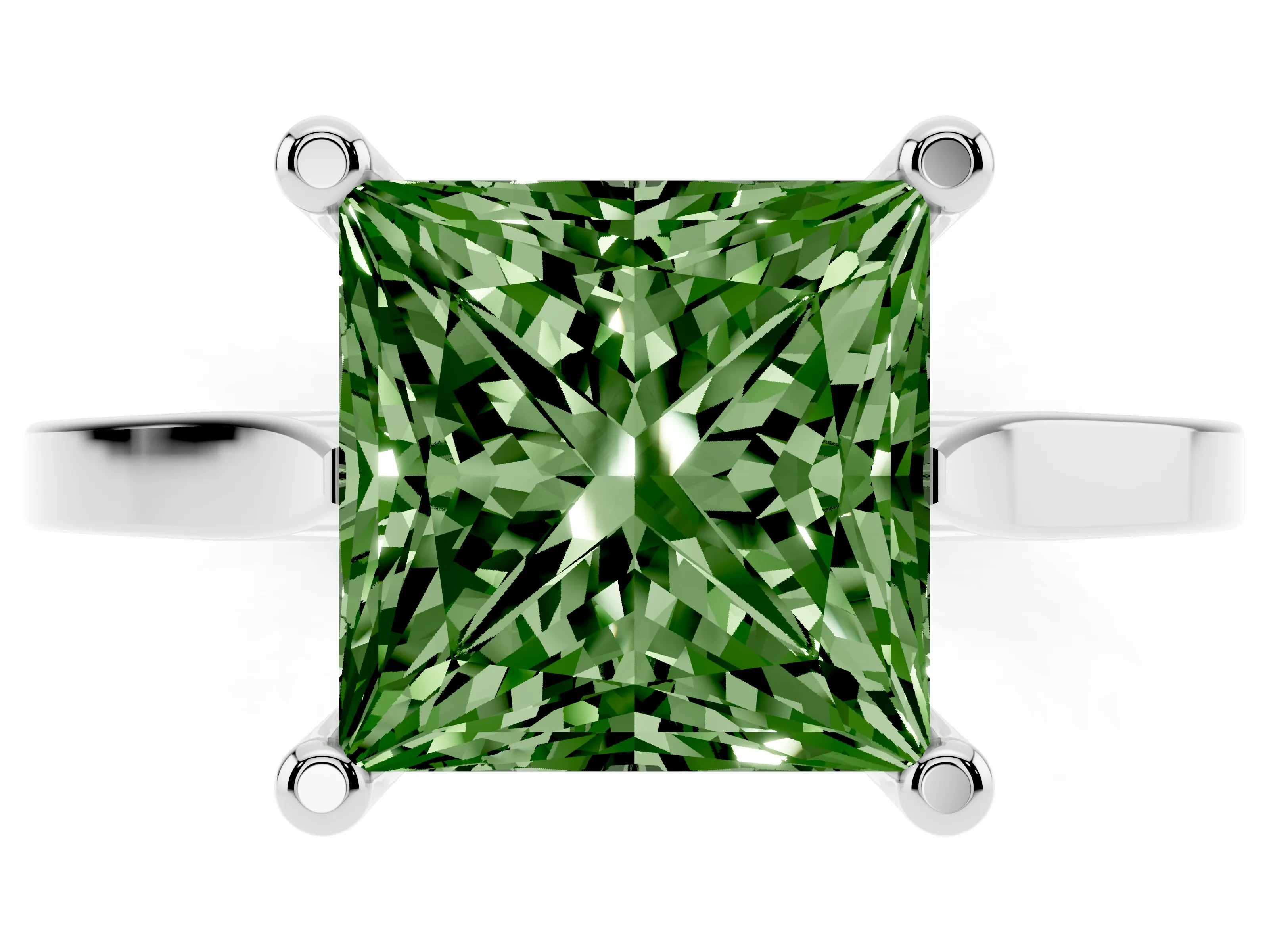 Fancy Green Princess Cut Diamond Solitaire Ring Set in Silver with Prong Setting and Tapered Band